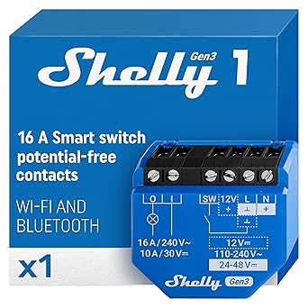 Shelly 1 Gen3, WiFi & Matter Smart Relay Switch with Dry Contacts, 1-Channel 16A, Alexa, Home Assistant, SmartThings & Google Home Compatible, DIY Smart Automation, Garage Door Opener, No hub required