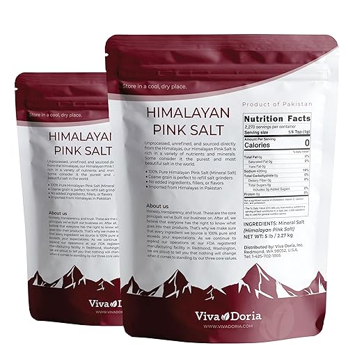 Miniatura 2 de Viva Doria Sal rosa del Himalaya, sal cristalina, sal gruesa, 10 lb (cantidad: 2, bolsas de 5 libras) Sal del Himalaya auténtica certificada para