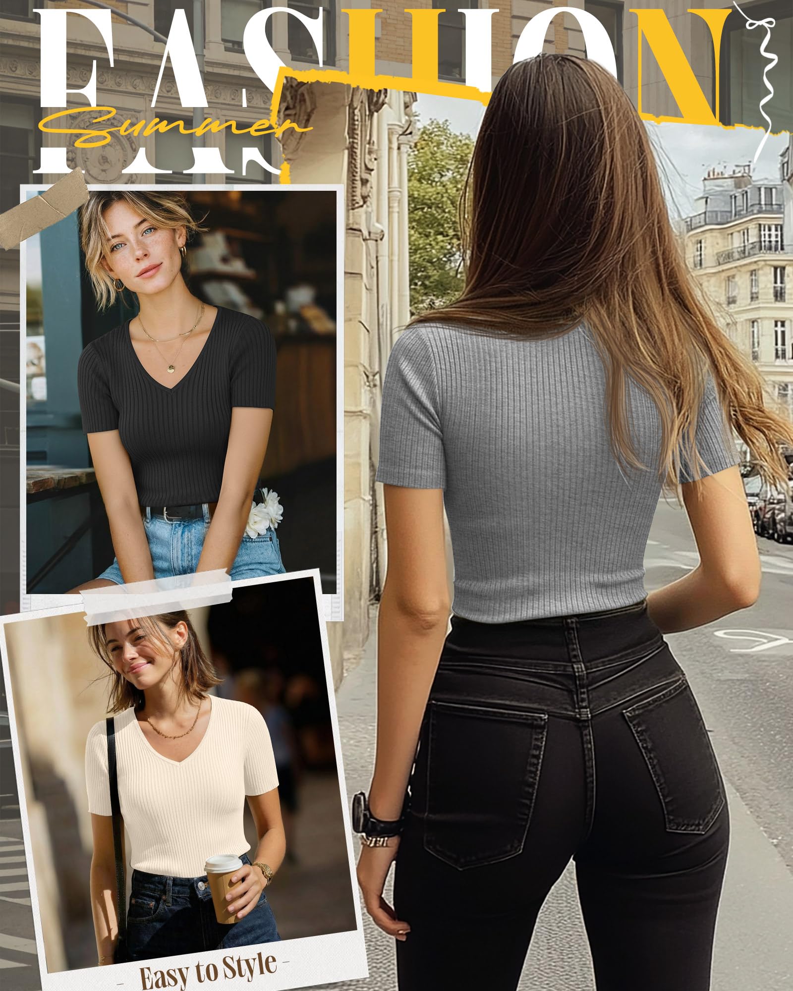 Neer Paquete de 4 camisas acanaladas de algodón con cuello en V para mujer | Camiseta de manga corta ajustada, camiseta básica suave y elástica, ropa de moda casual de verano, trajes para salir del año