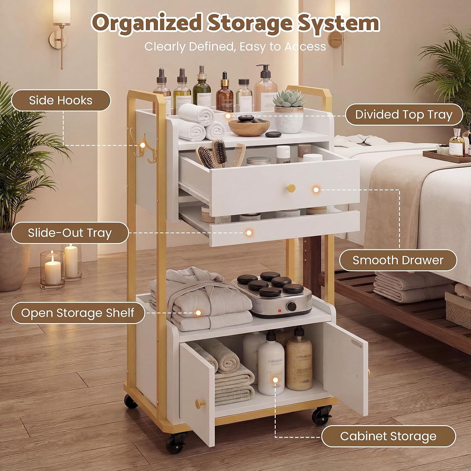Spa Salon Trolley with Storage Cabinet, Rolling Beauty Cart for Professional Spa & Salon Use, Mobile Esthetician Cart for Skincare, Facial & Treatment Supplies (White)