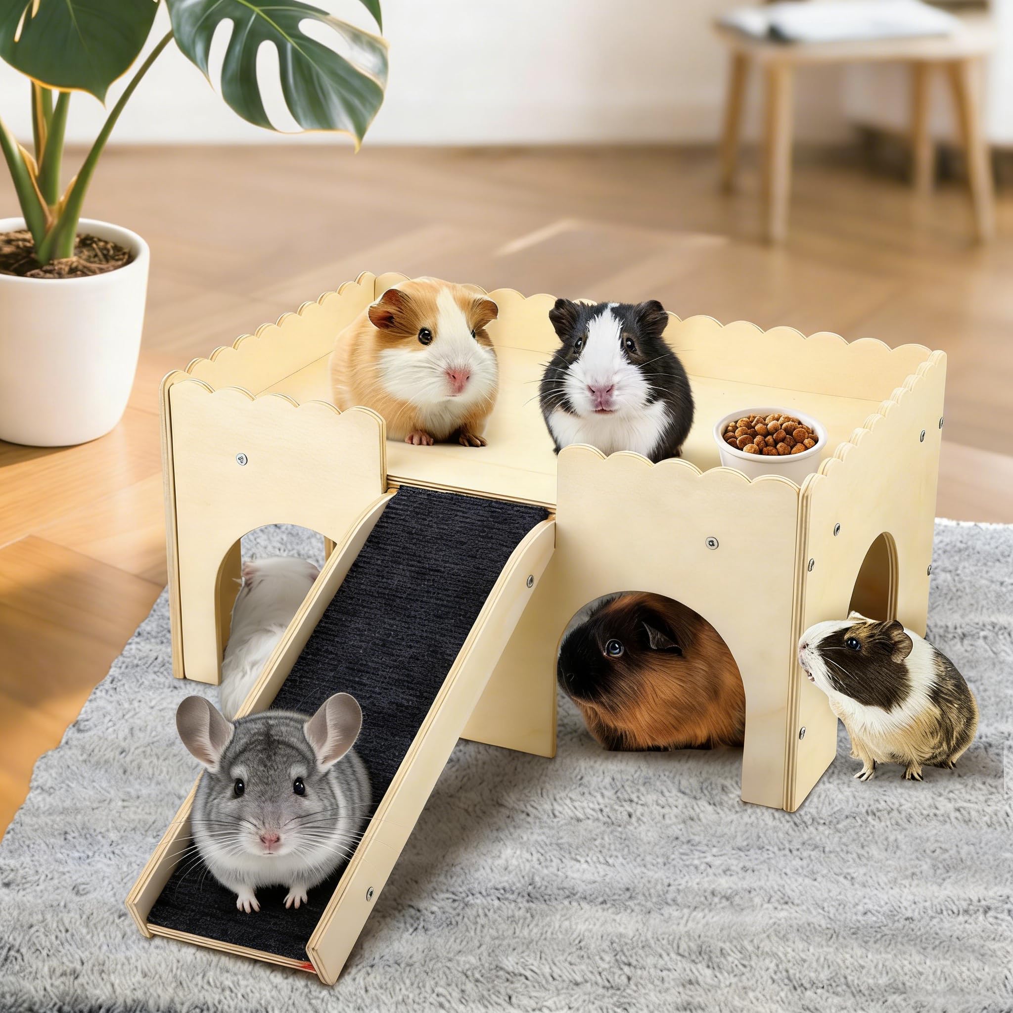 Escondite para Conejillos de Indias, Juguete de Madera con escaleras y esteras, 2 Animales pequeños, esconde y Castillo para hámsters, Conejos y Chinchillas