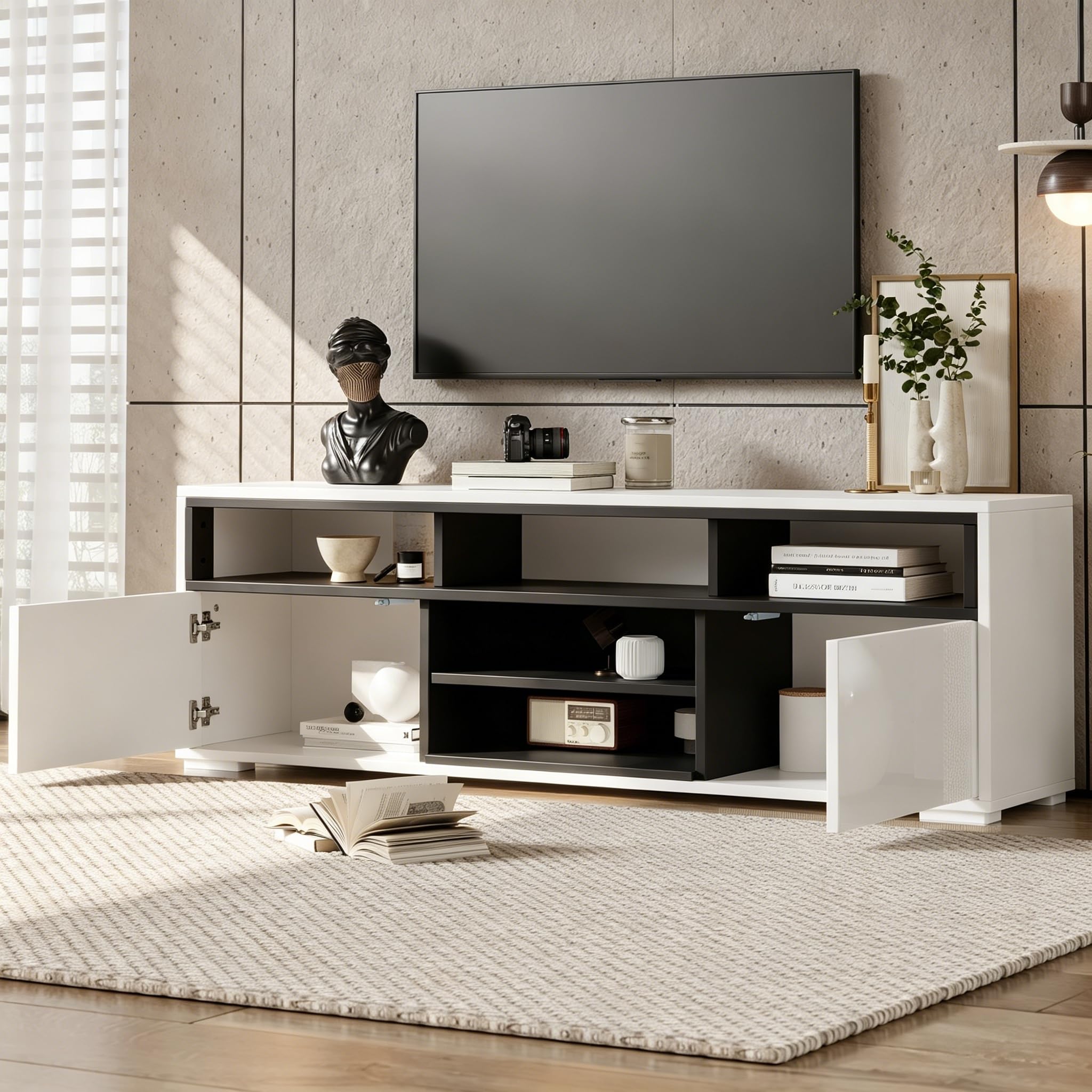 Mueble bajo para TV de alto brillo de 150 x 35 x 50 cm, con espacio de almacenamiento, 2 puertas, 8 almacenes, color blanco