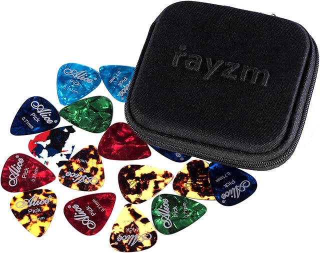 Rayzm Guitar Picks Plectrums 40pcs in a Durable Cloth Case, Premium Assorted Celluloid Picks for Guitar Bass of Various Colors & 6 Thickness 0.46/0.71/0.81/0.96/1.2/1.5 mm