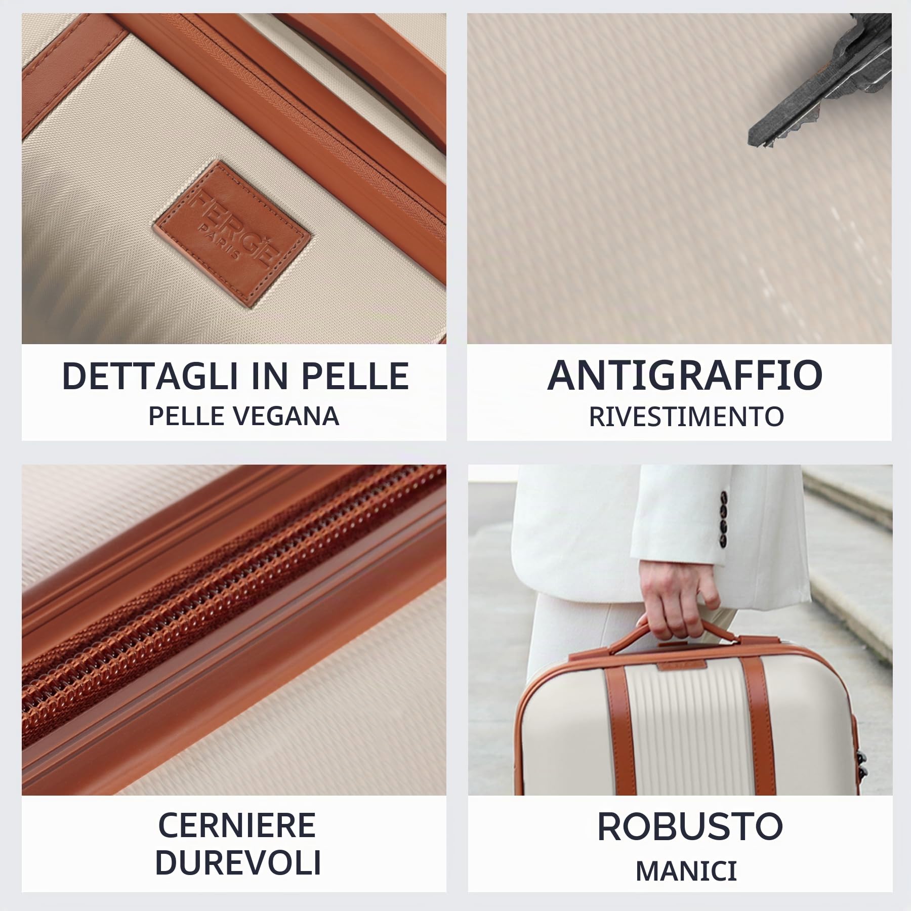 FERGÉ set di 3 valigie viaggio MILANO - bagaglio rigido dure leggera 3 pezzi valigetta 4 ruote beige