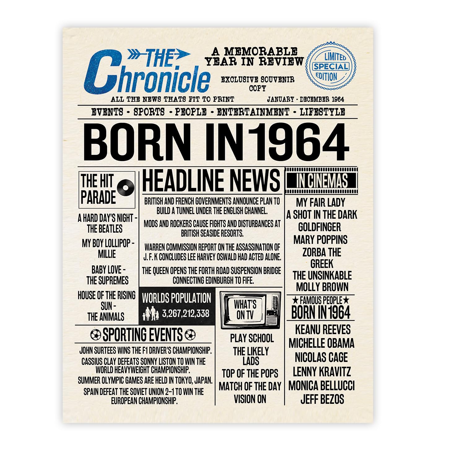 Stuff4 Men's 1964 62Nd Birthday Poster Unframed - Born In Newspaper - Happy 62Nd Birthday Gifts For Wo Vintage Retro Back In 8X10 Inch Bday Party Decor Decoration