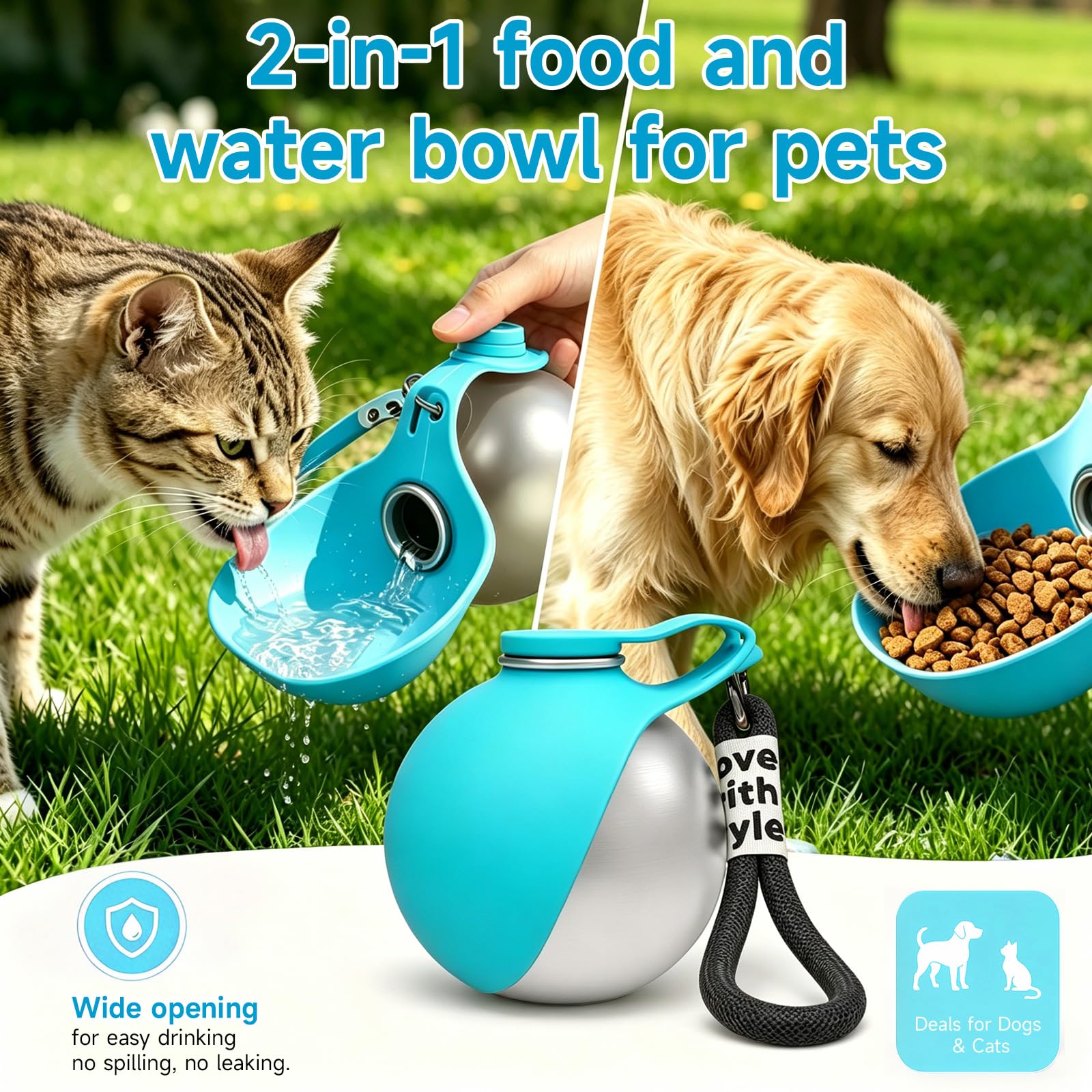 Borraccia portatile per cani, 285 ml, in acciaio inossidabile con ciotola pieghevole in silicone – Antigoccia, ideale per cani e gatti in inverno, in viaggio e in campeggio (Blu)
