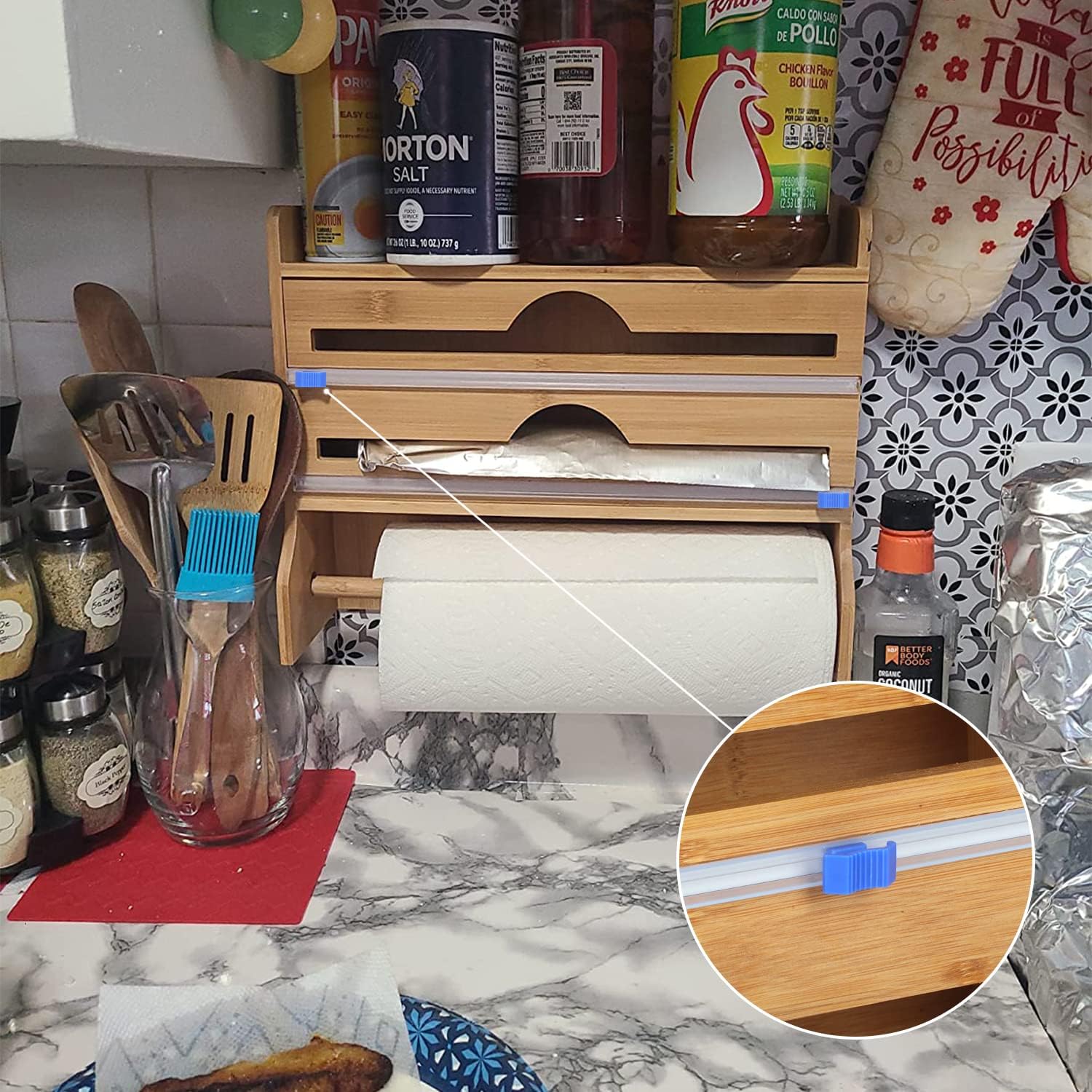 lesolar 3 in 1 Wall Mount Foil and Plastic Wrap Organizer with Cutter,Spice Storage Rack Organizer and Kitchen Paper Holder for Under 12" Roll of Aluminum Foil, Cling Film, Parchment Paper