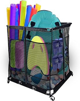 Pool Float Storage Organizer with 2 in 1 Mesh Storage Cover,Nylon Mesh Pool Storage Bin Pool Float Toy Holder with Metal Frame and 360 Wheel for Pool Noodles Toys Floats Balls Equipment L