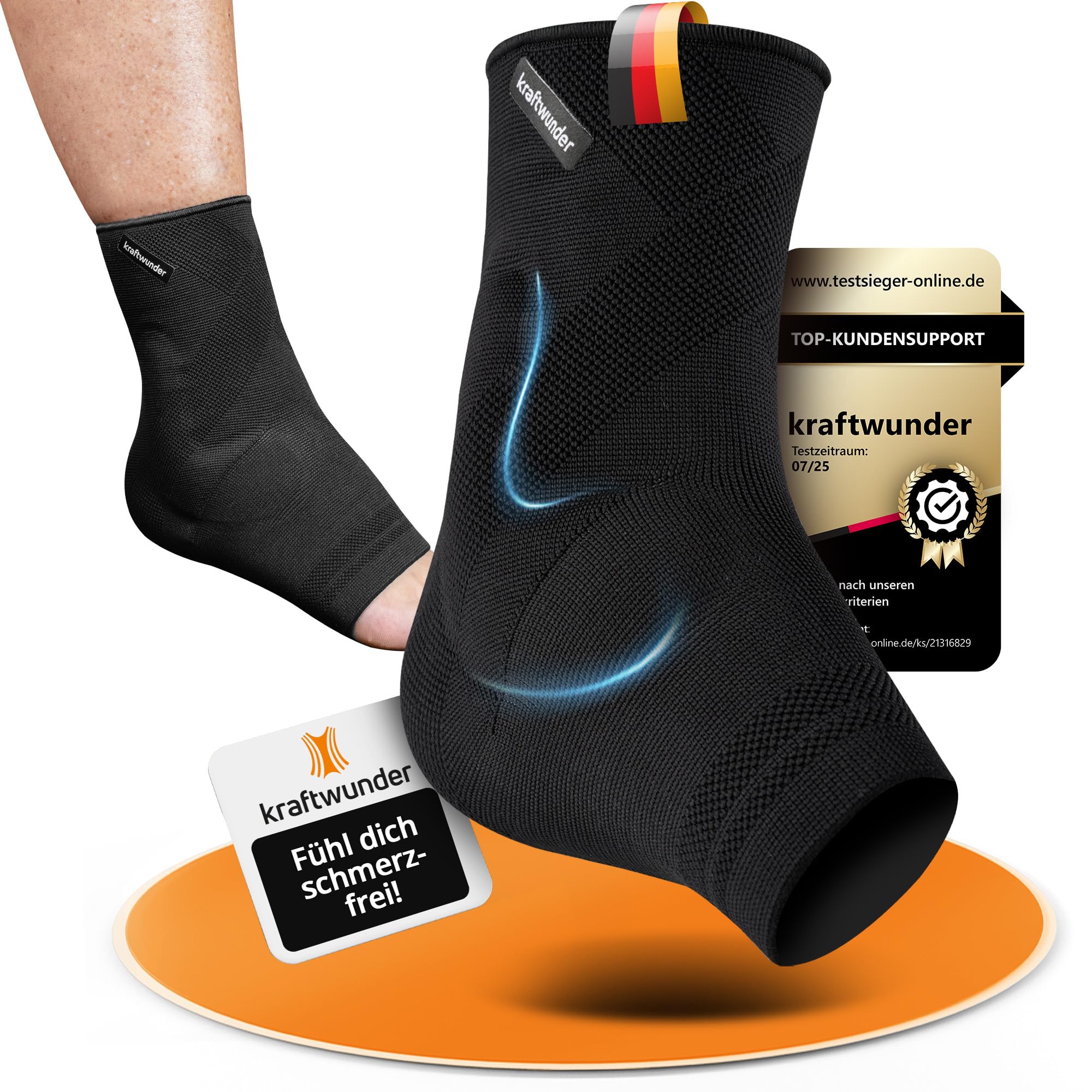 Tobillera fabricada en Alemania – Tobillera con almohadillas de silicona, vendaje de compresión para el tobillo para deporte y uso diario, antideslizante en el zapato (negro, XXL, derecha)