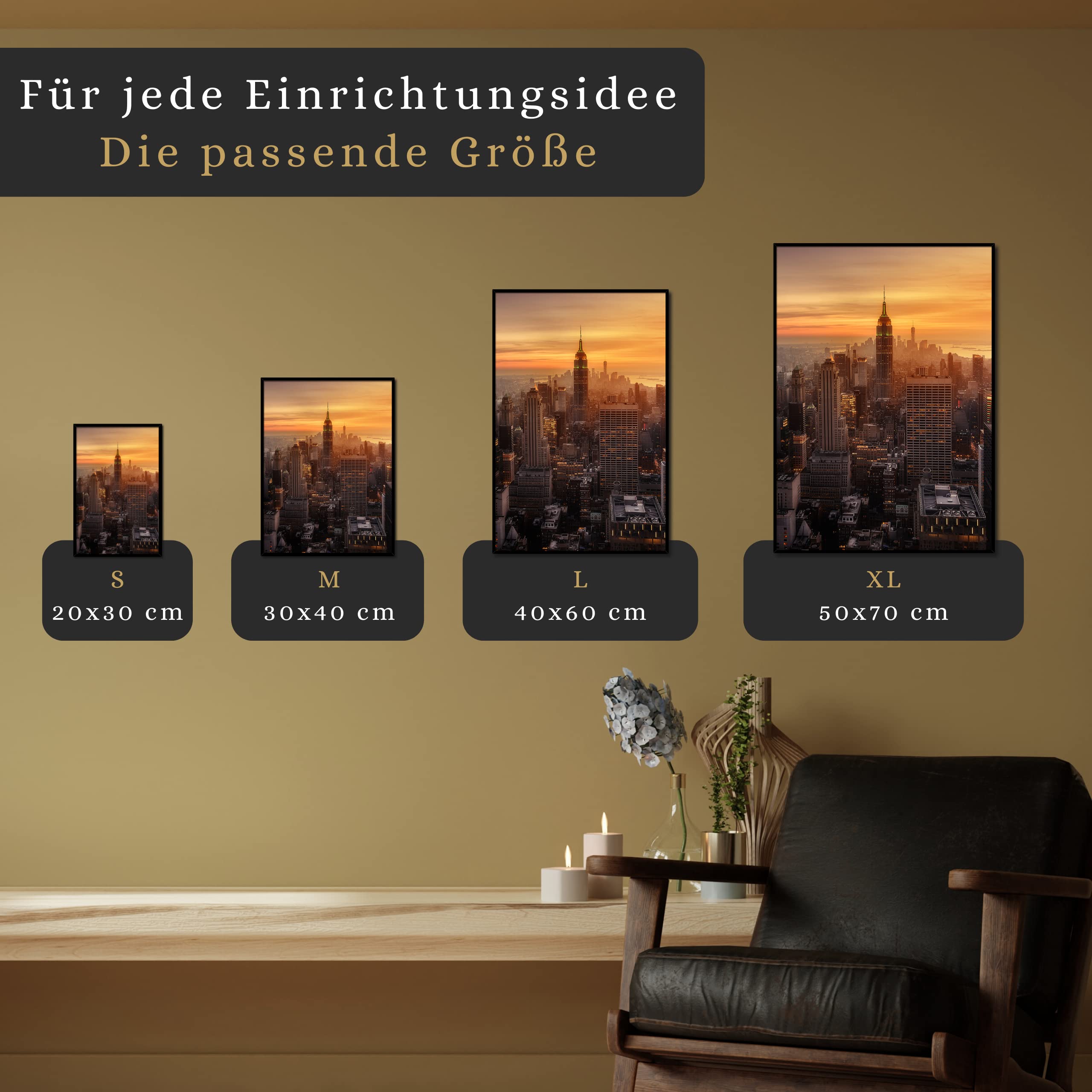 daazoo Wandbild Empire State Building Sunset | 50 x 70 cm Hochformat | Bild mit Rahmen schwarz Hochformat | groß XXL City | New York Wahrzeichen Skyline | Wohnzimmer Büro