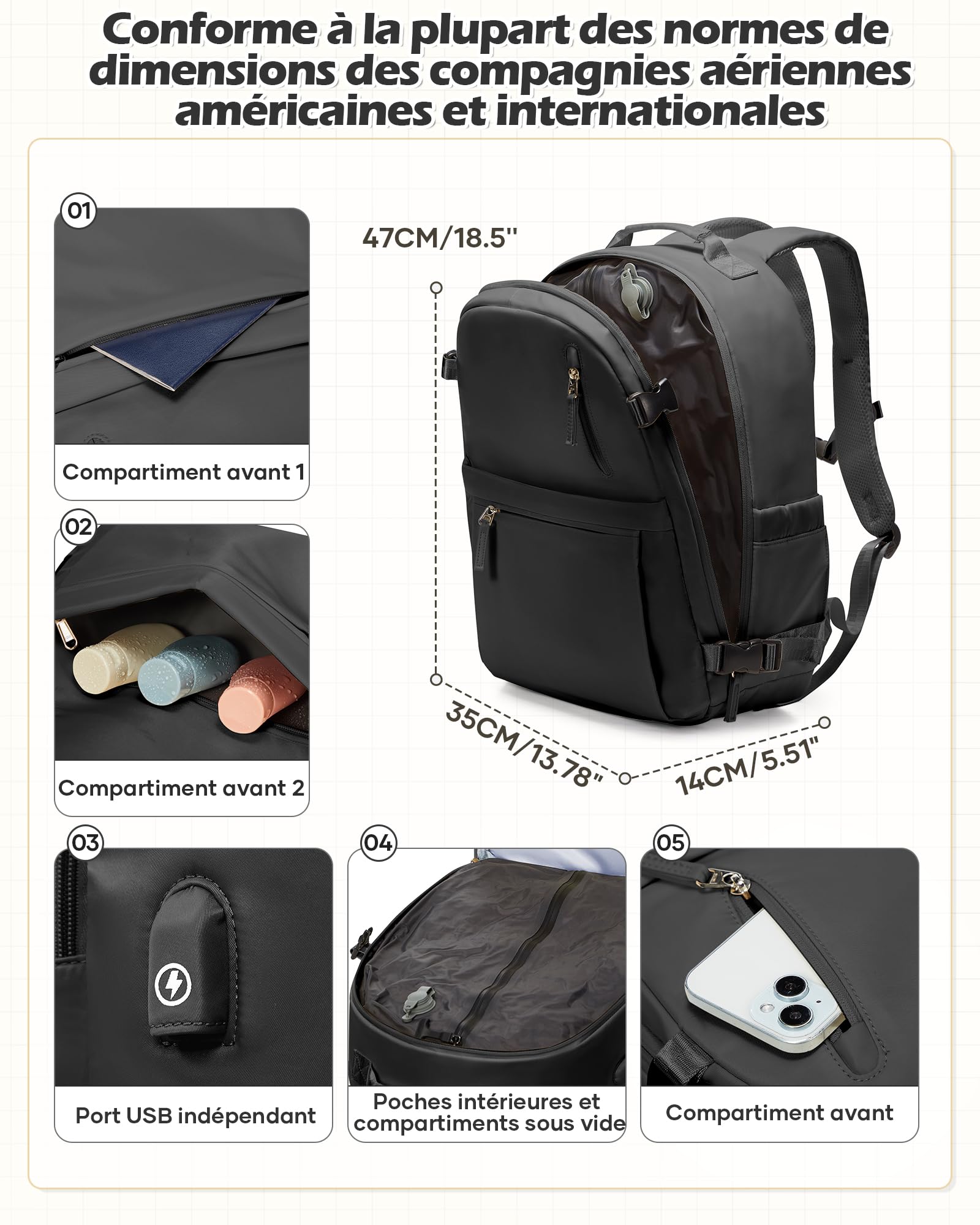 Sac à Dos Compression Sous Vide Avec Pompe,Noir Sac a Dos Voyage Cabine Avion Impermeable Sous Vide Femme Homme, Ryanair Bagage Cabine Easyjet Grande Capacité USB
