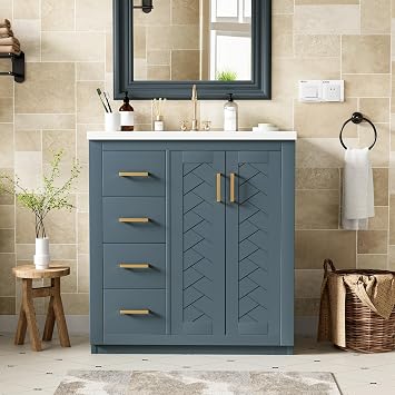 Virubi 30 Inch Bathroom Vanity with Ceramic Sink, Modern Storage Cabinet with 3 Drawers and 2 Doors, Freestanding Bathroom Vanities, Soft Closing, Solid Wood Frame