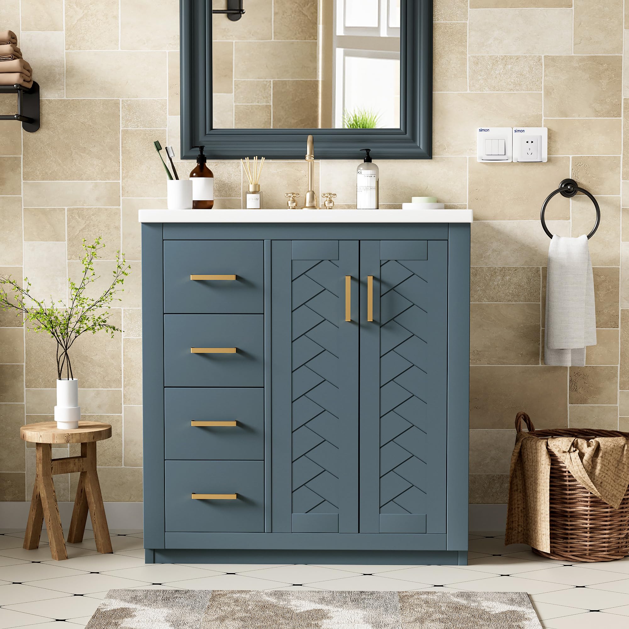 30 inch Dark Blue Bathroom Vanity with Sink and Countertop,Solid Wood Frame Bathroom Cabinet with Sink,Modern Sink Storage Cabinet with 3 Drawers & Soft Closing Doors,Gold Handles