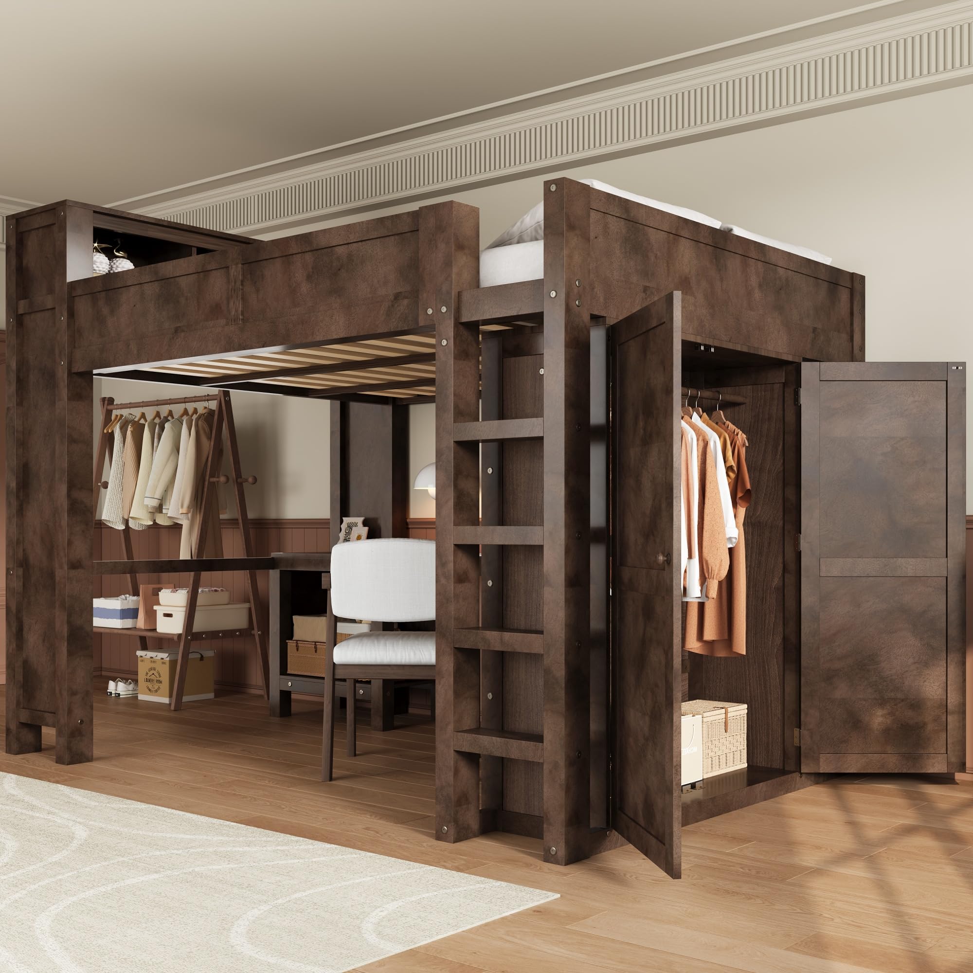Polibi Queen Size Loft Bed with Wardrobe, Headboard Storage, Desk & USB,Space-Saving Solid Wood Frame for Small Room,Brown