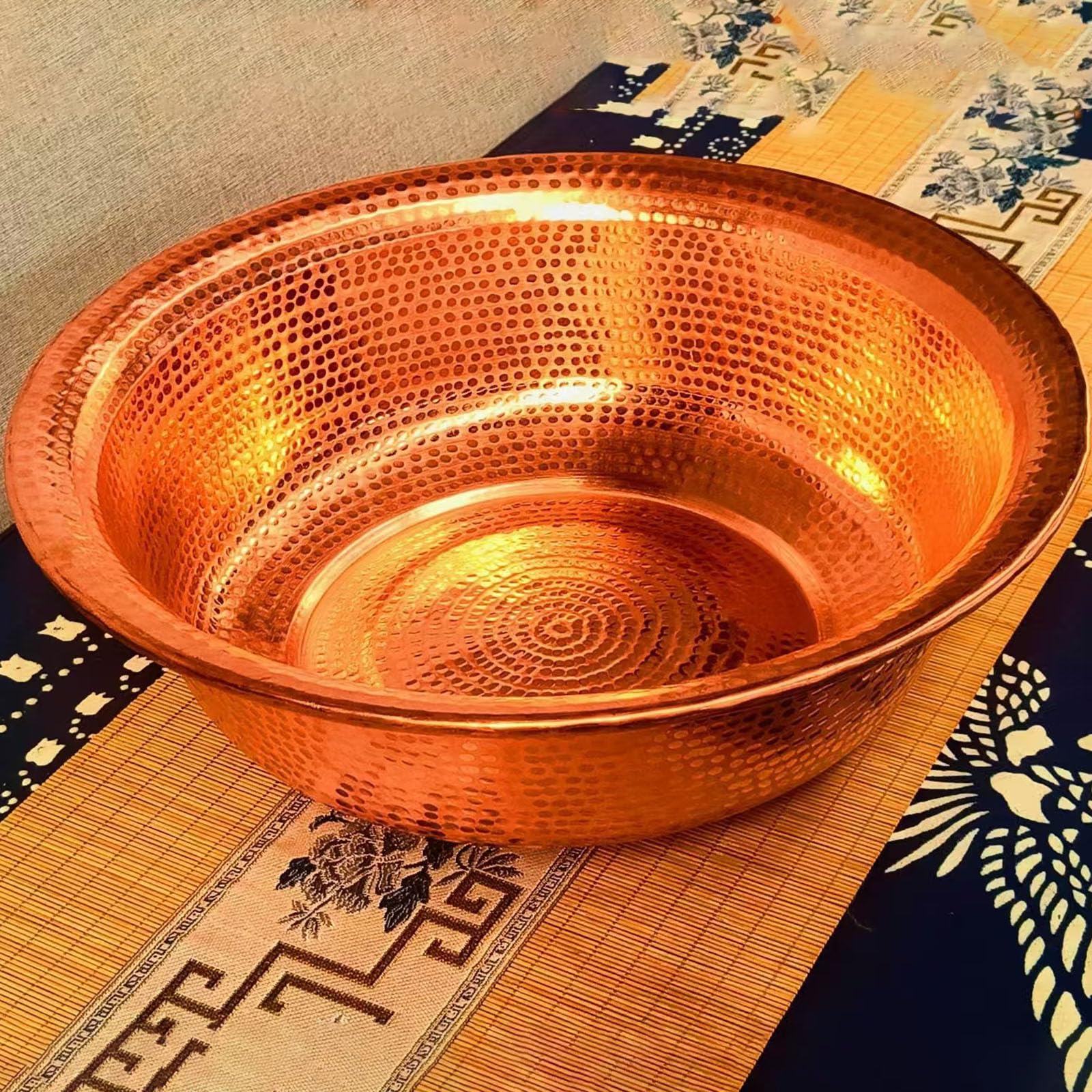 Cuenca de cobre puro martillado de 41 cm con borde enrollado para bodas y rituales de spa