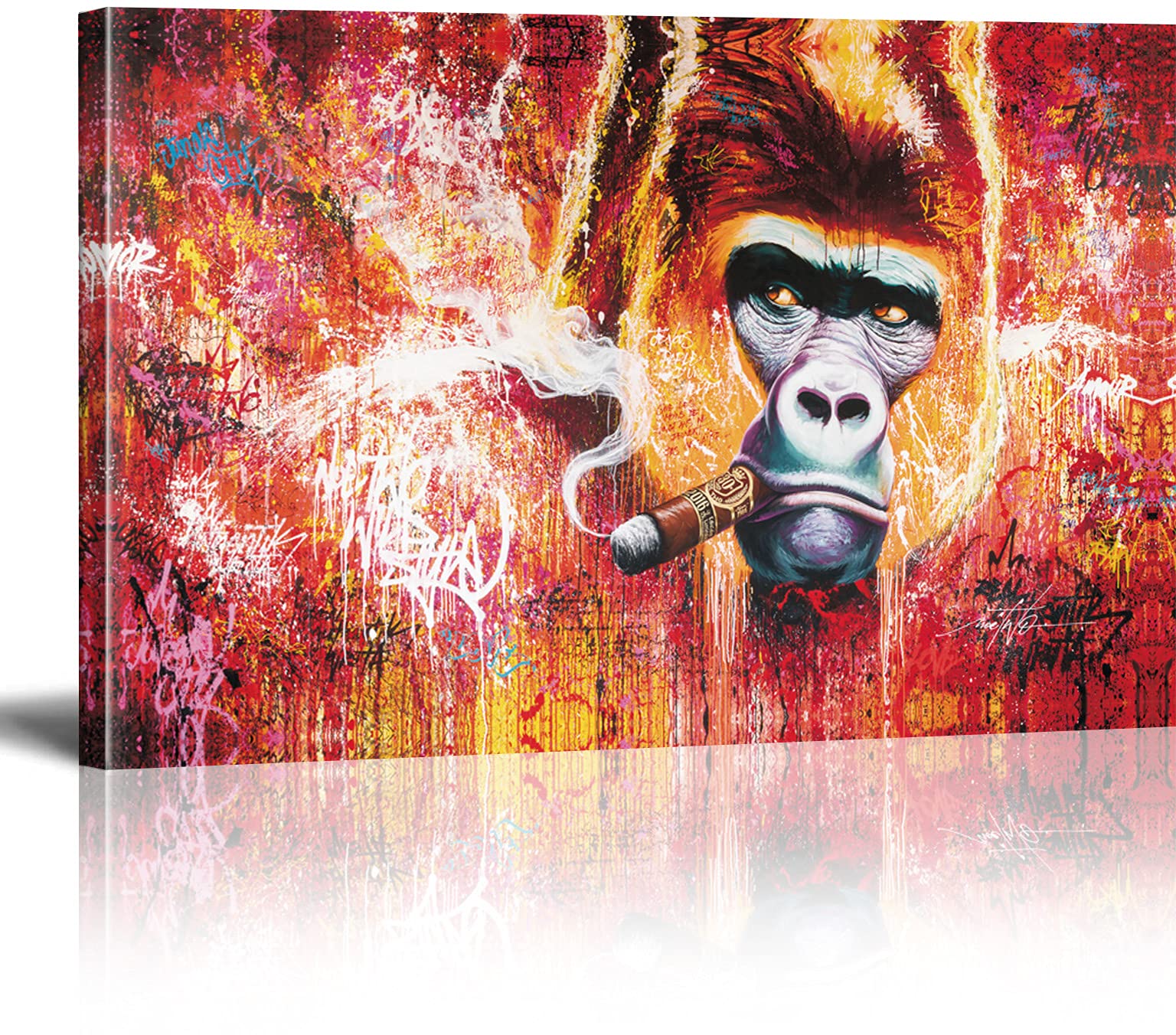 Banksy Canvas Wall Art Gorilla Smoking Cigar Street Graffiti Art Canvas Prints for Living Room Bedroom Home Decorations Modern Stretched Framed Giclee Artwork 20x30cm(7.9x11.8inch)