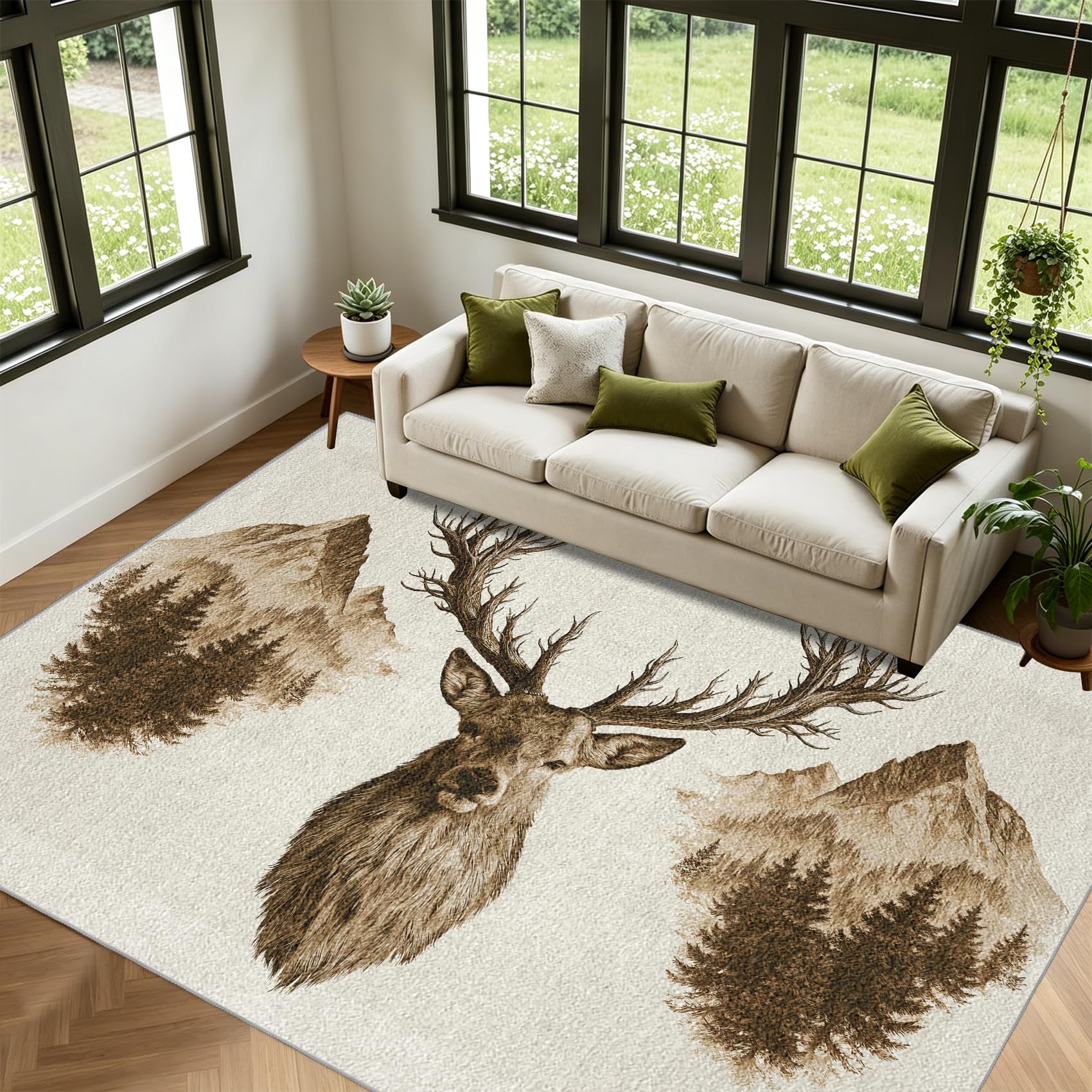 Générique Cerf Animal Tapis Salon 120x170cm Forêt Montagne | Tapis Chambre Lavable Antidérapant Poil Court, Moquette Motif, Décoration Carpet