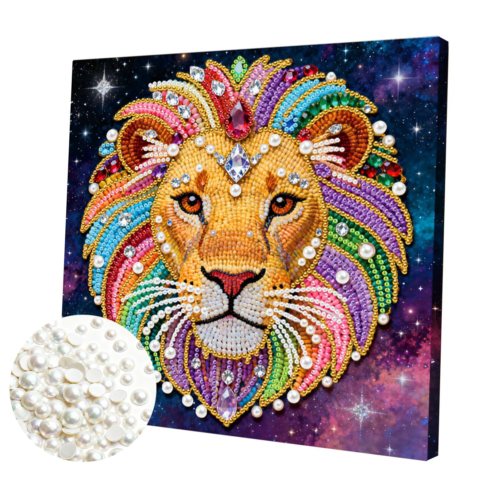 DIY Pearl Painting Kit with Wooden Frame, 3D Plastic Pearl Gemstone Ocean Art Craft for Adults Beginners, Diamond Dot Painting, Home Wall Decor Ready Gift for Women(Lion)(25 * 25cm)