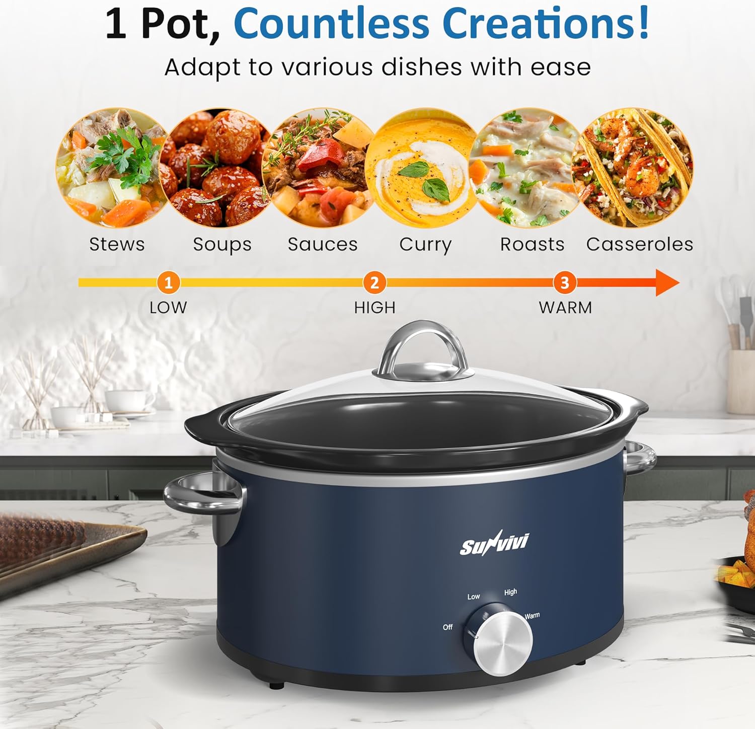 3QT Slow Cooker, Small Crock with 3 Heating Settings & Removable Ceramic Pot, Mini Food Warmer with Dishwasher Safe Glass Lid & Crock, Stainless Steel, Blue