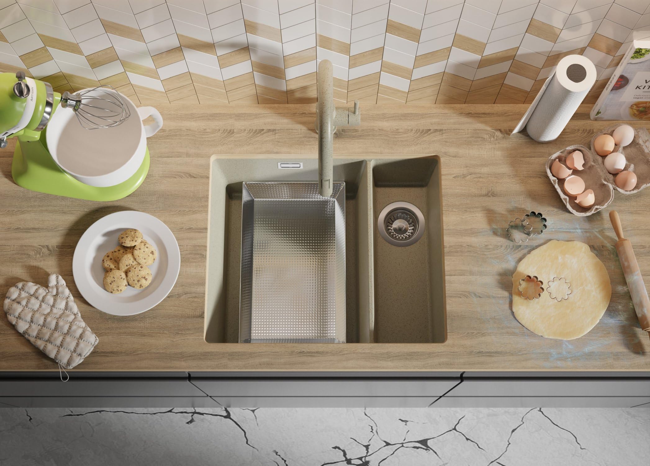 Fregadero bajo Encimera Beige 56x47cm, Fregadero Cocina 1,5 Senos + Sifón, Granito al mueble 60cm - London Duo de Primagran