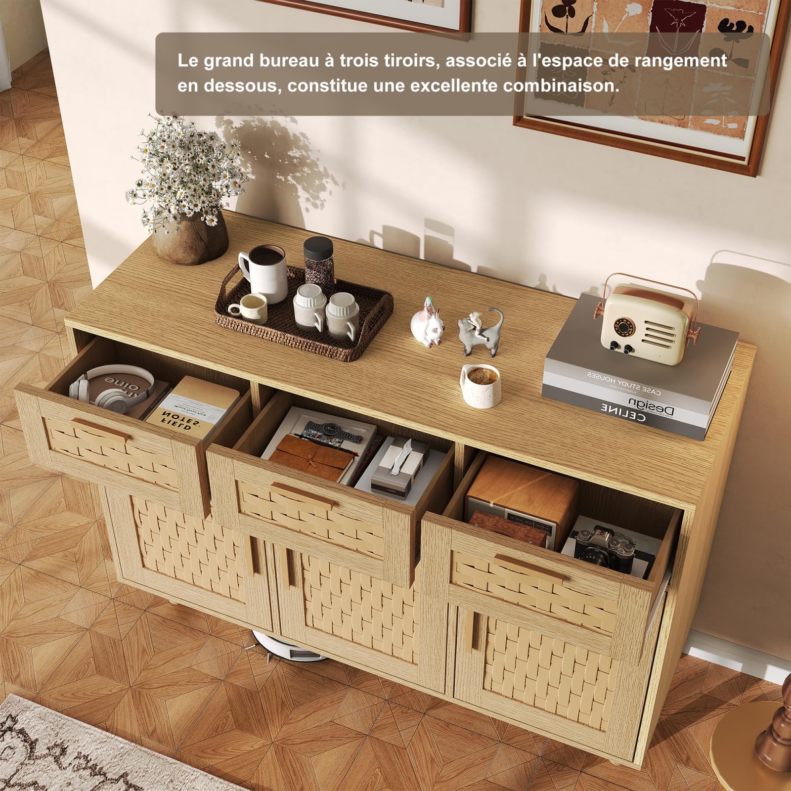 Kredens rattanowy z 3 szufladami i 3 drzwiami, szafka do przechowywania 107,9 x 40 x 80 cm z szafkami na drzwi, komoda z szufladami z nogami, kredens do przechowywania do przedpokoju, wejścia