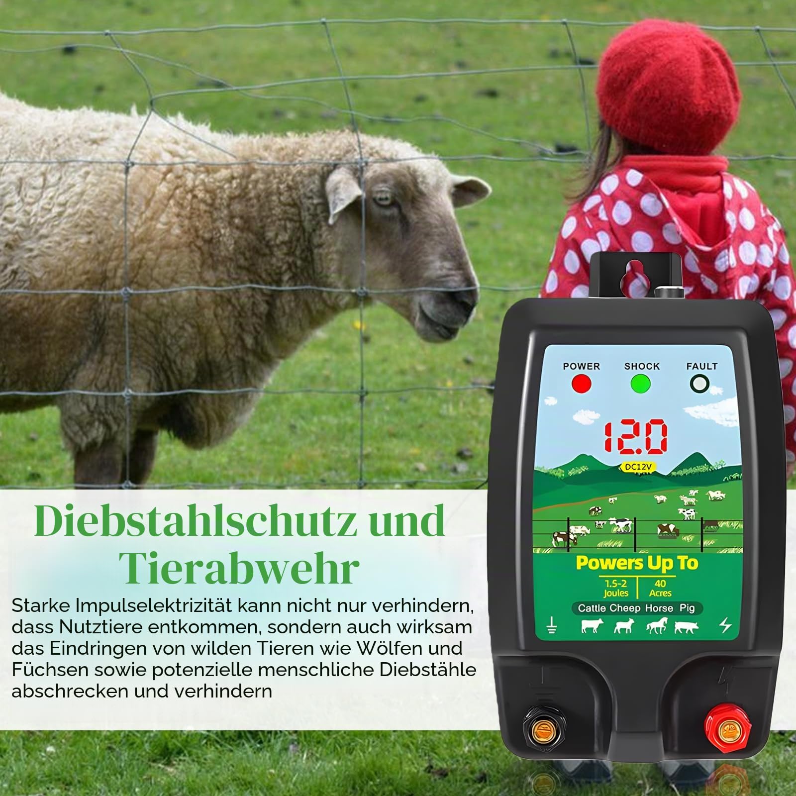 Weidezaungerät 12V mit LED Anzeige, Wasserdicht Elektrischer Weidezaun 10Km Reichweite 1,5-2 Joule Wasserdicht Elektrozaungerät für Schutz von Nutztieren, Haustieren, Geflügel, Hausweide, Gärten