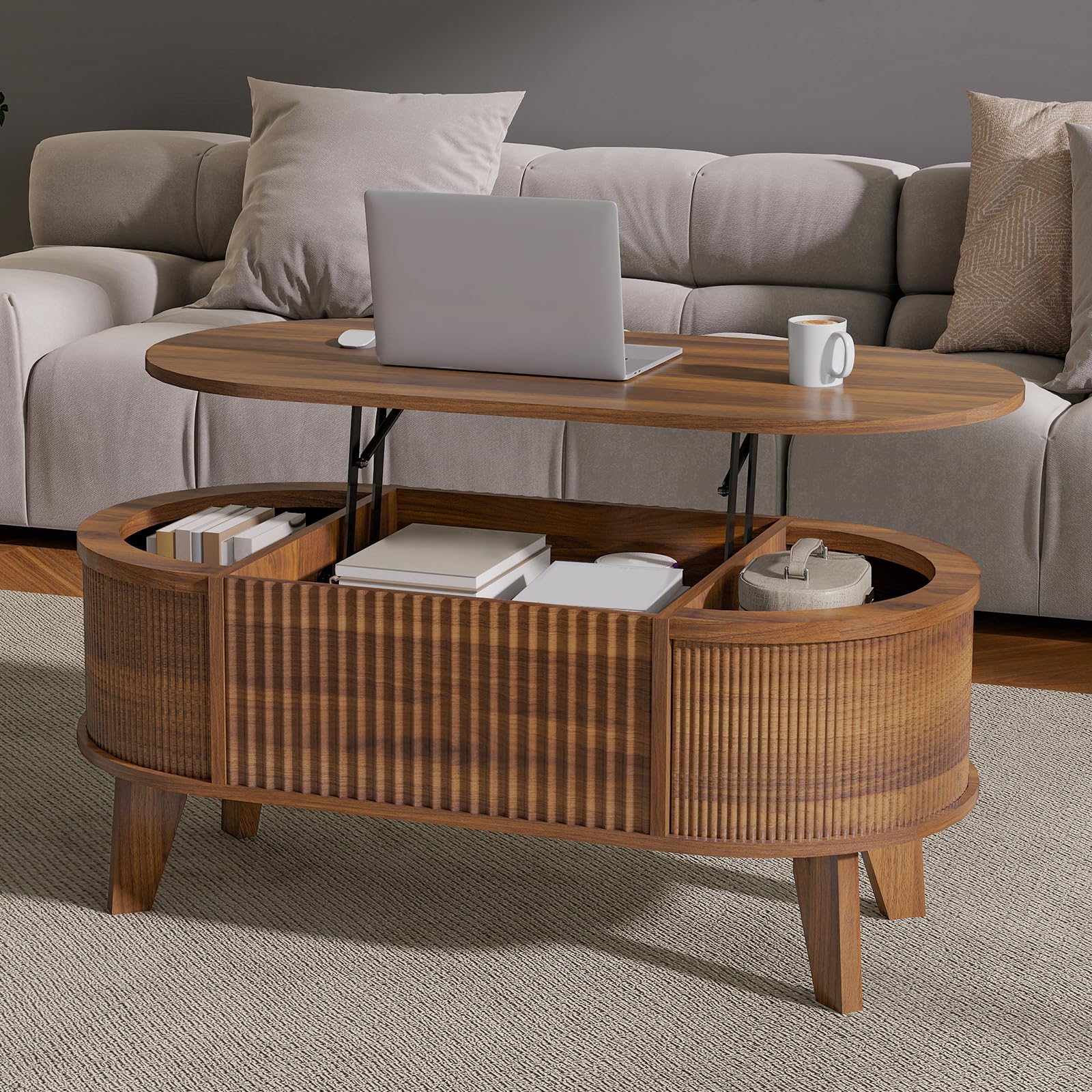 LYNCOHOME Fluted Oval Lift Top Coffee Table
