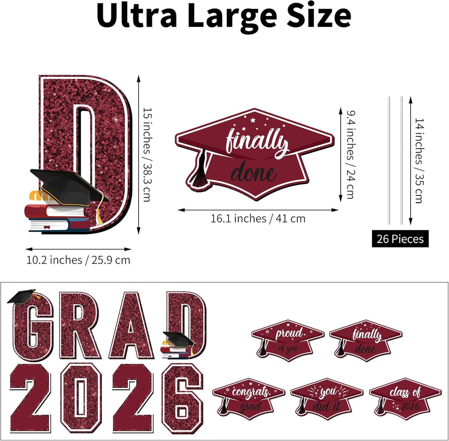 Aneco Waterproof 2026 Grad Yard Signs Plastic Graduation Yard Signs Party Outdoor Lawn Decorations 16 Inches Glitter Congrats Grad Lawn Sign with Stakes for Outdoor Party Garden Decor (Maroon)