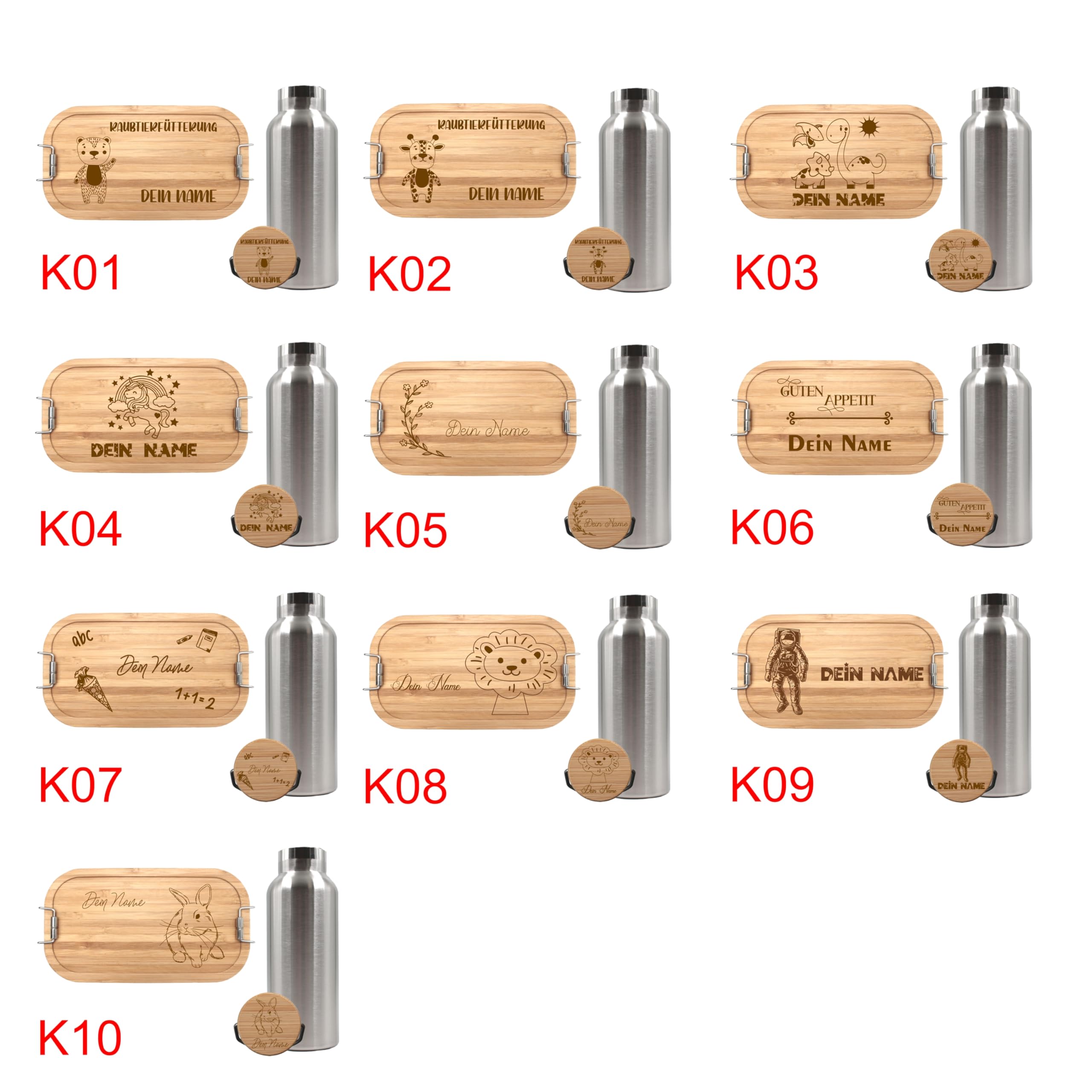 Brotdose und Trinkflasche personalisiert, Brotdose Kinder personalisiert, Trinkflasche personalisiert, Lunchbox Trinkflasche mit Namen, Pausen - Set (Flasche 500 ml, Lunchbox Weissblech 700 ml)