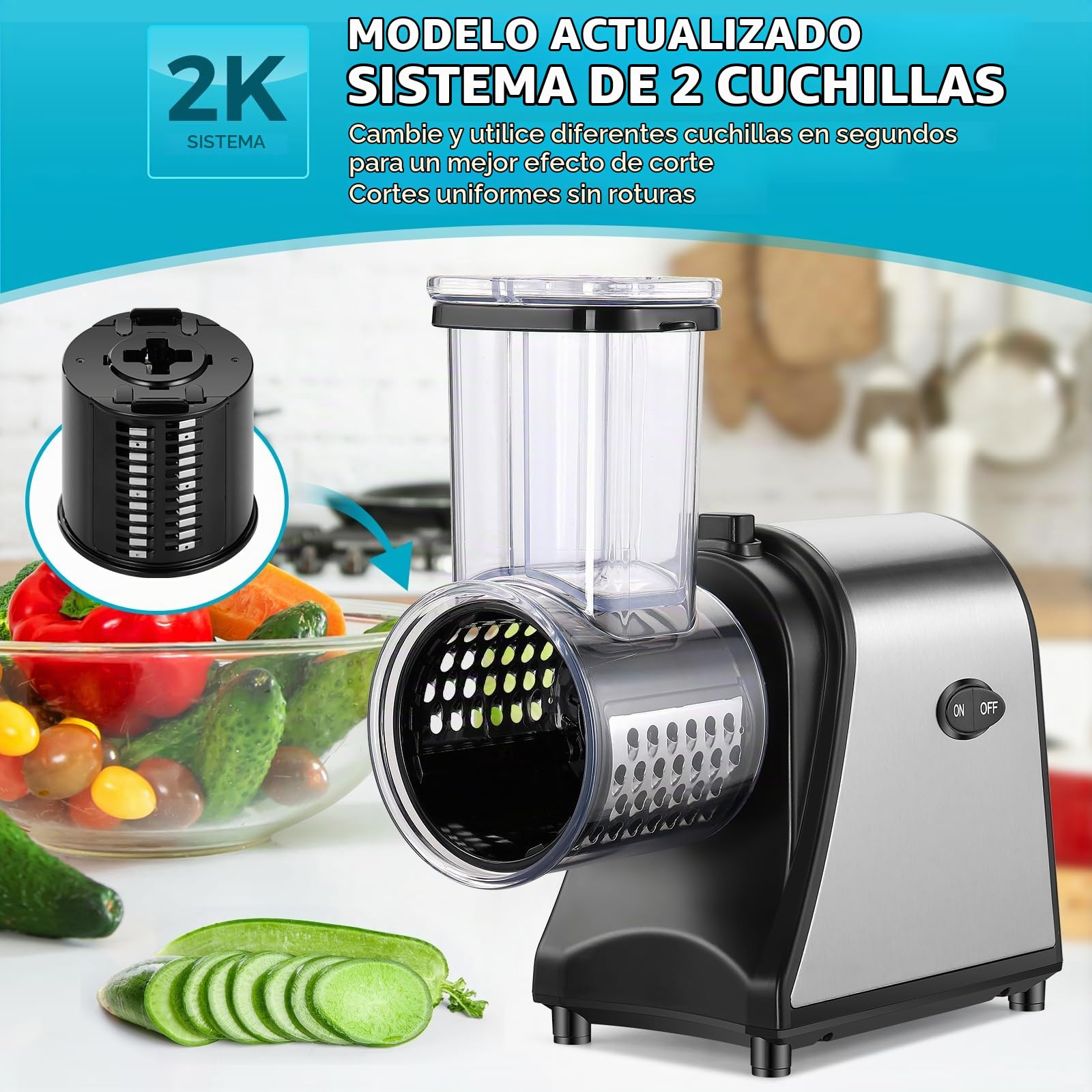 Nictemaw Cortador de verduras eléctrico de acero inoxidable, 250 W, rallador de verduras, rallador múltiple con 5 cuchillas y gran ranura de llenado para frutas, verduras, queso y uso diario