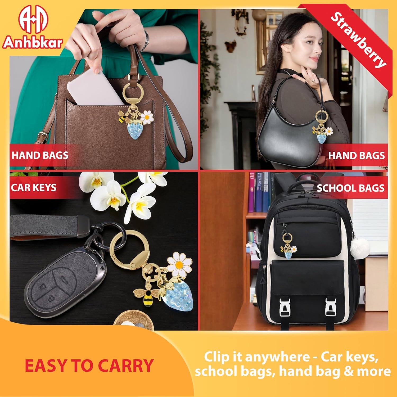 Strawberry Bag Charm with Flower & Bee for Handbags or Wallet - Cute Strawberry Keychain Accessories for Women, Girls - Image 6