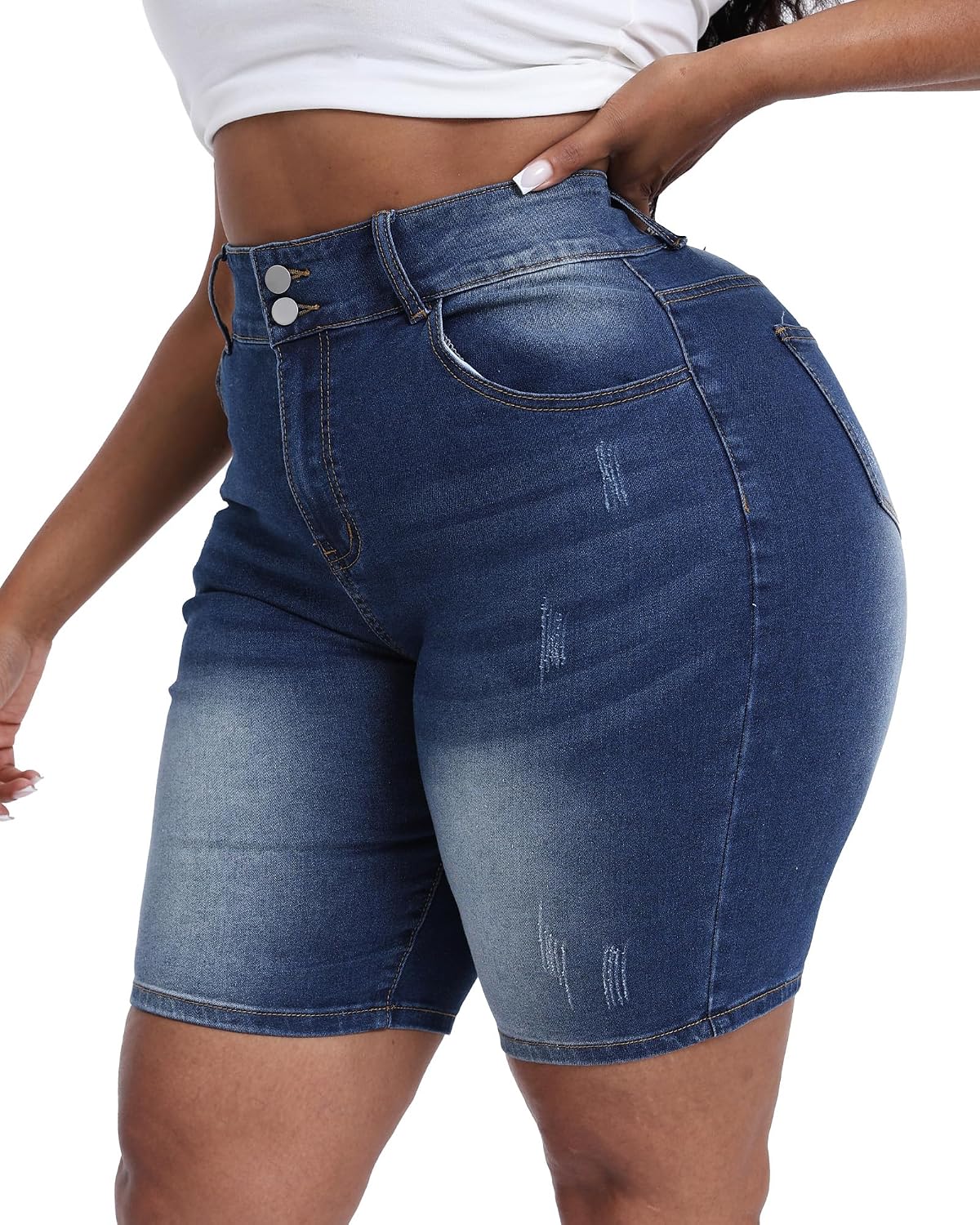 Gocolloa Women Plus Size Jean Shorts Stretchy High Waisted 10" Inseam Knee Length Denim Bermuda Shorts