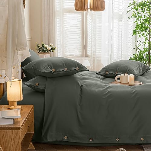 Miniatura 7 de JELLYMONI Juego de funda nórdica de 100% algodón lavado, 2 piezas de lujo, suave, con cierre de botones, color liso, tamaño individual XL (1 funda