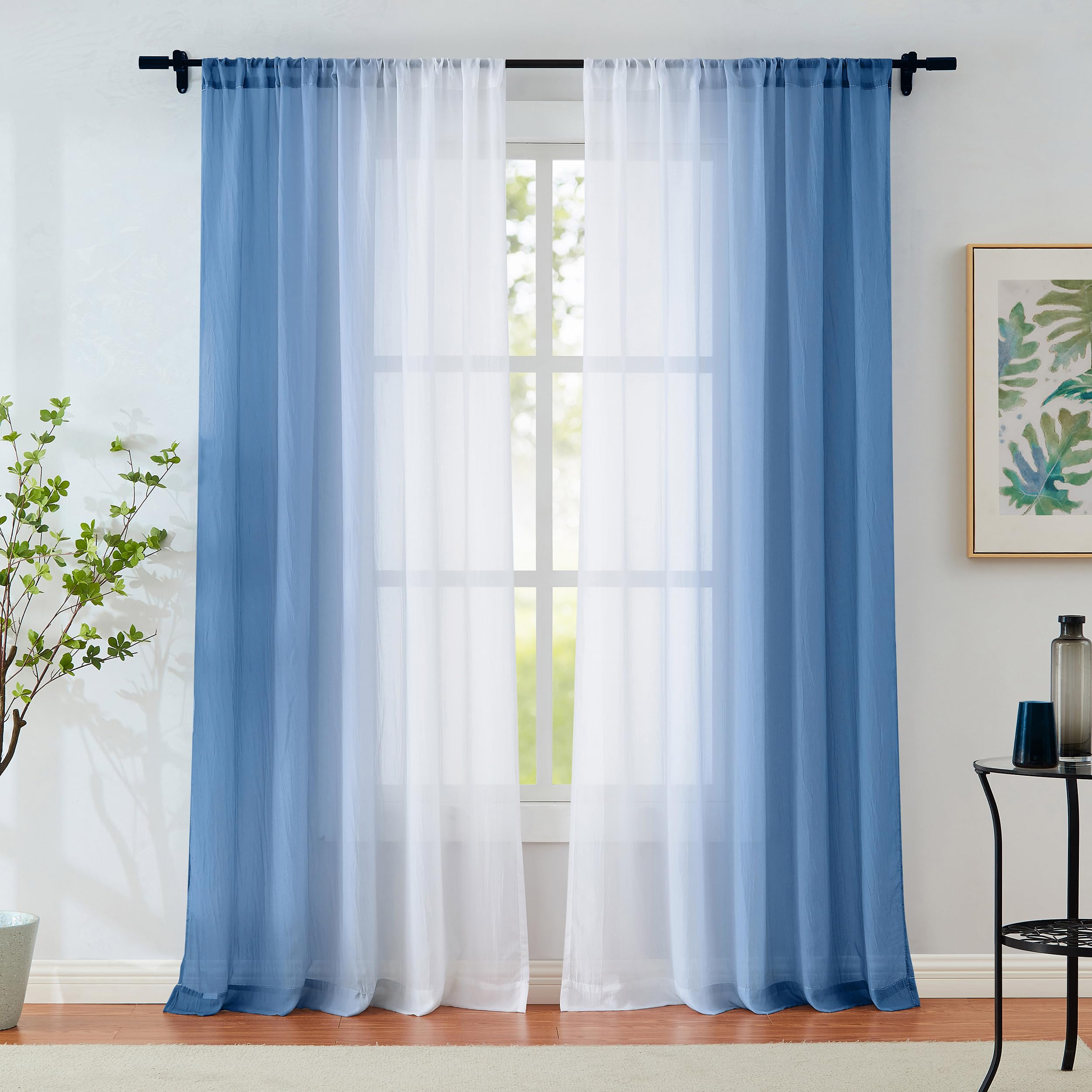 Blue Ombre Sheer Curtains 84 Inch Length for Living Room Bedroom Decor, Gradient Crinkle Semi Sheer Curtain Panels for Boys Room Chiffon Light