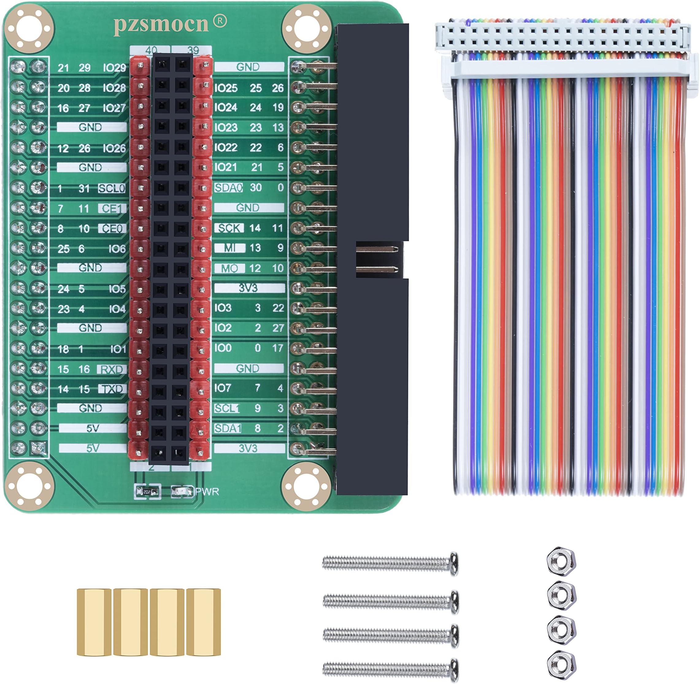 Pzsmocn IO Expansion Board Compatible with Raspberry Pi 3, Pi 4 and Pi 400. with 40 Pin Contrast Silk Screen, BCM Encoding Information, WiringPi Encoding Information and Color GPIO 40 Pin Cable.