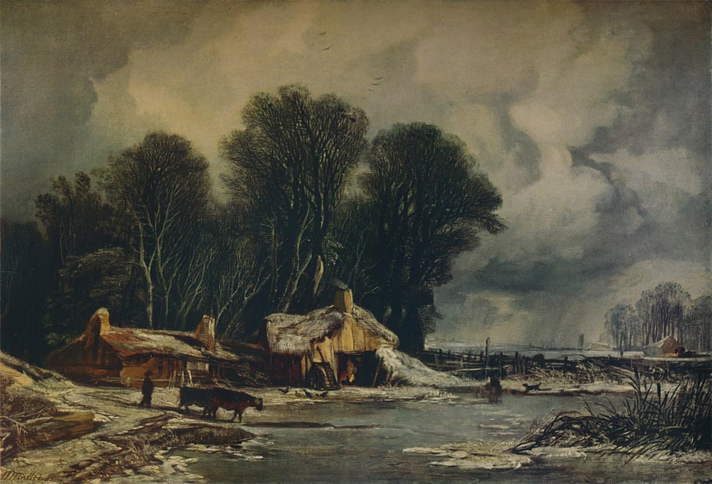 SERENDIPITP Vintage Picture Print on Canvas Wall Art Poster Landscape with Old Cottages Winter by William Muller Artwork Print Poster for Wall Decor 60x90cm