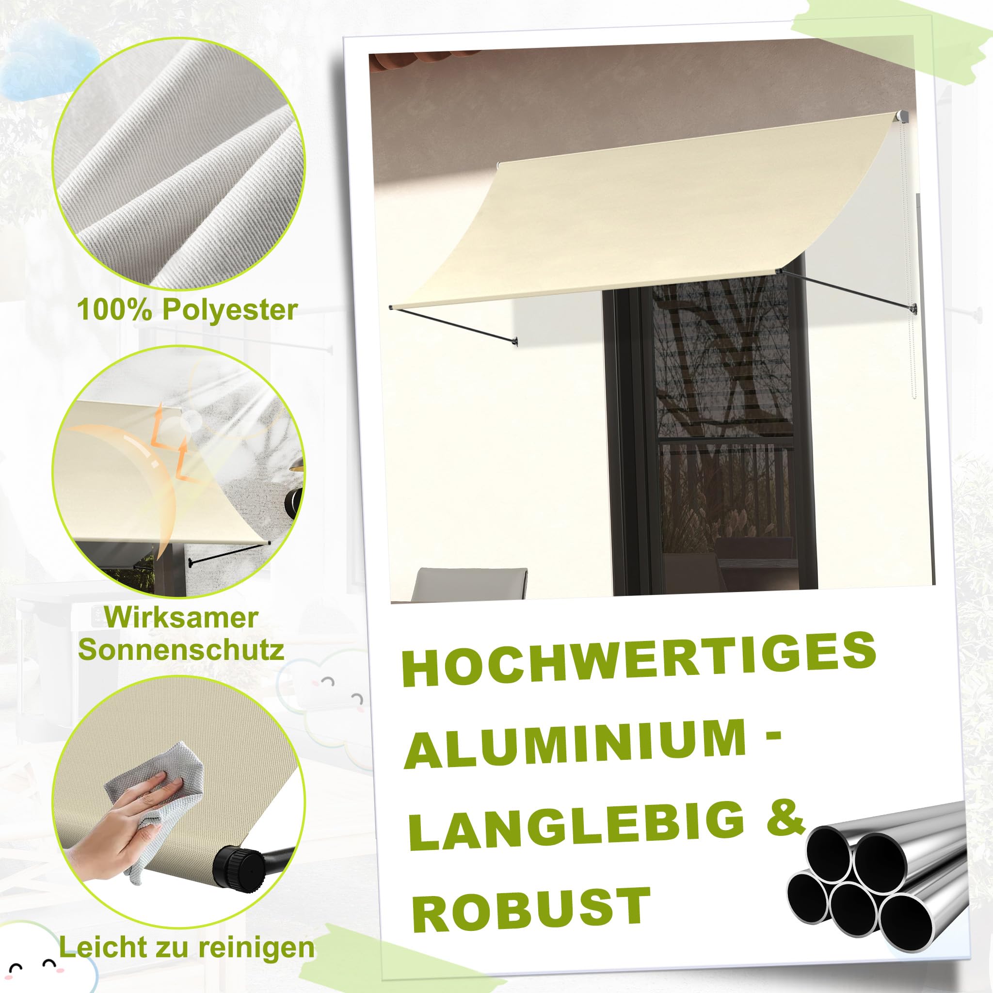 Aufun Tenda da sole retrattile, tenda da sole per finestra, con cordoncino e asta di supporto in alluminio, per terrazza, balcone, giardino, beige, 400 x 145 cm