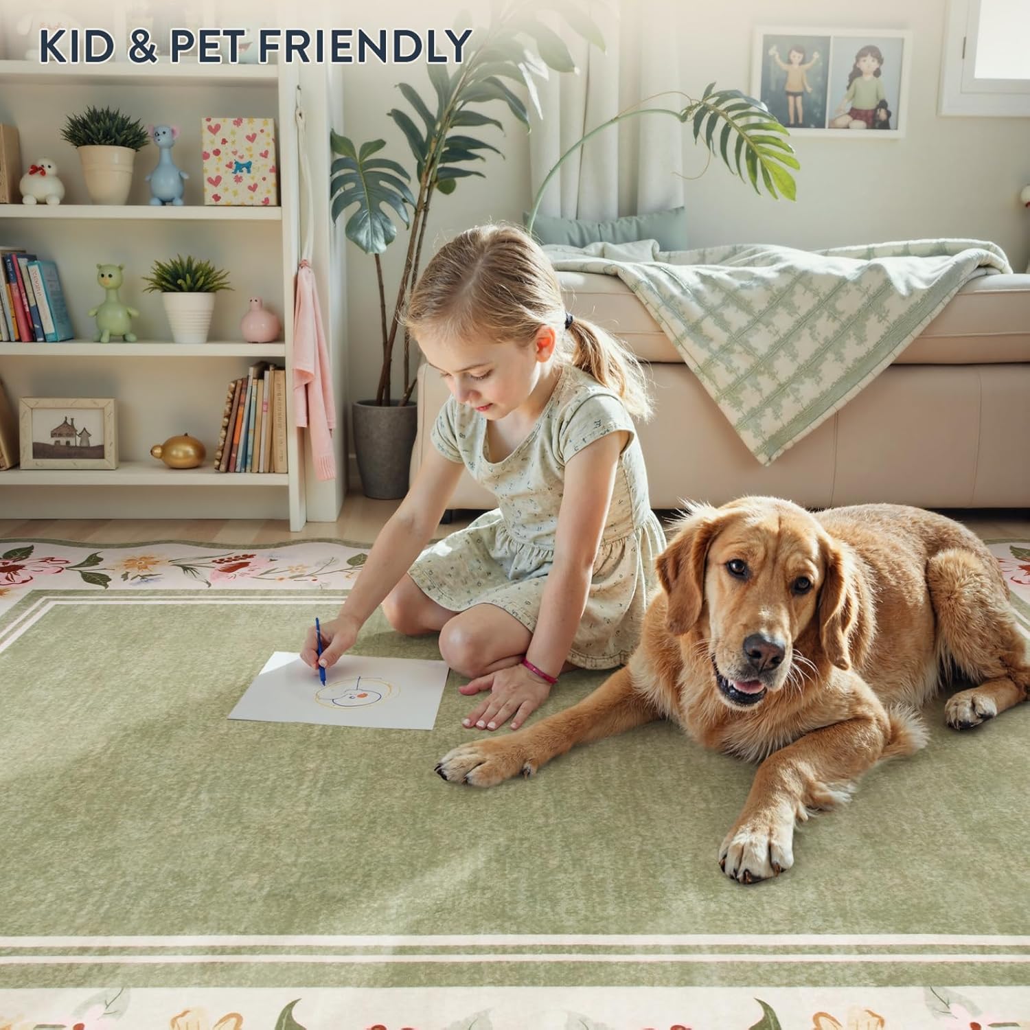 Lahome Floral 2'x 6' Washable Kitchen Runner Rug, Green Rug Runners for Hallways Non Slip, Scalloped Runner Rug Ultra-Thin Stain Resistant Boho Carpet for Entryway Bathroom Bedroom（Green，2x6ft） - Image 6