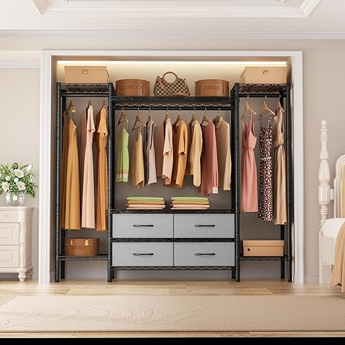 Miniatura 9 de Perchero de ropa grande resistente, estante de ropa portátil independiente con 8 estantes de alambre ajustables, 3 barras para colgar, 4 cajones de