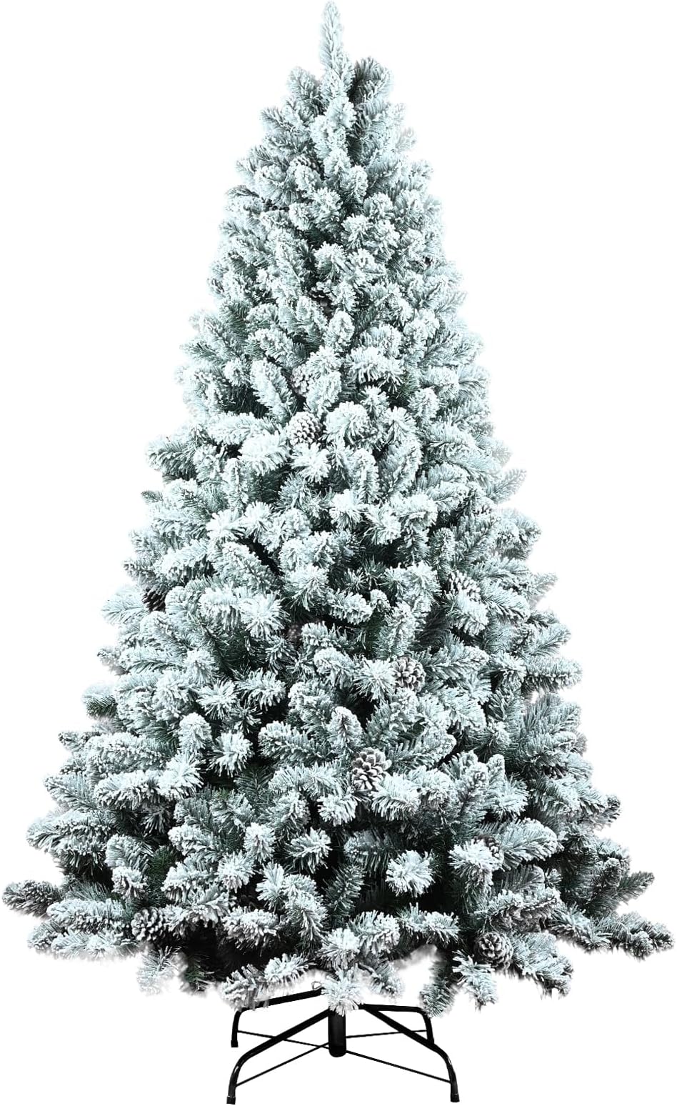 4ft Artificial Christmas Tree, Unlit Design Snow Flocked Christmas Tree, Hinged Xmas Pine Tree with Pine Cone, Metal Stand and Hinged Branches for Home Office Indoor & Outdoor