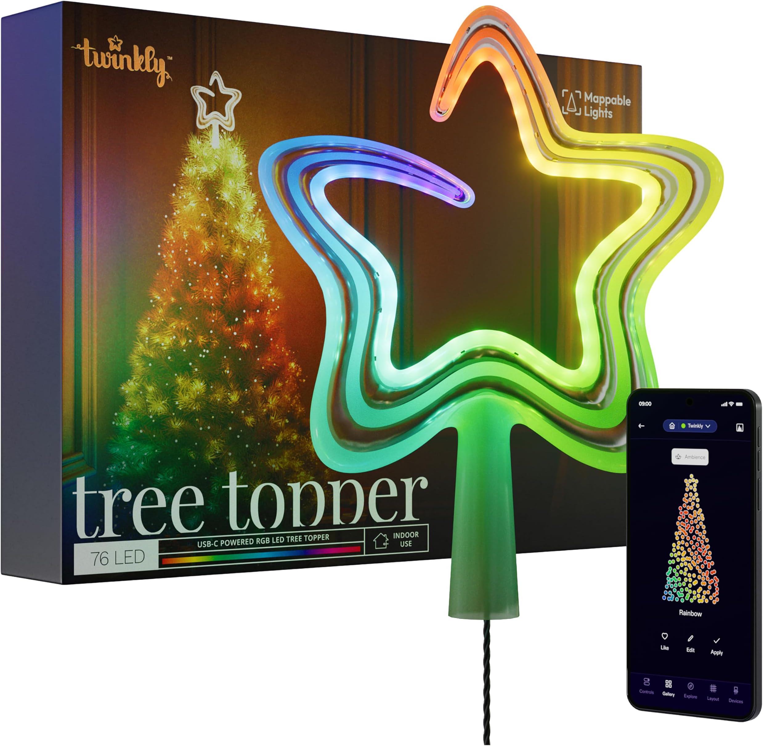 LED RGB Christmas Star Tree Topper, Smart Holiday Decoration with App Control, USB-C Powered,76 Multi-Color LEDs, Indoor Only