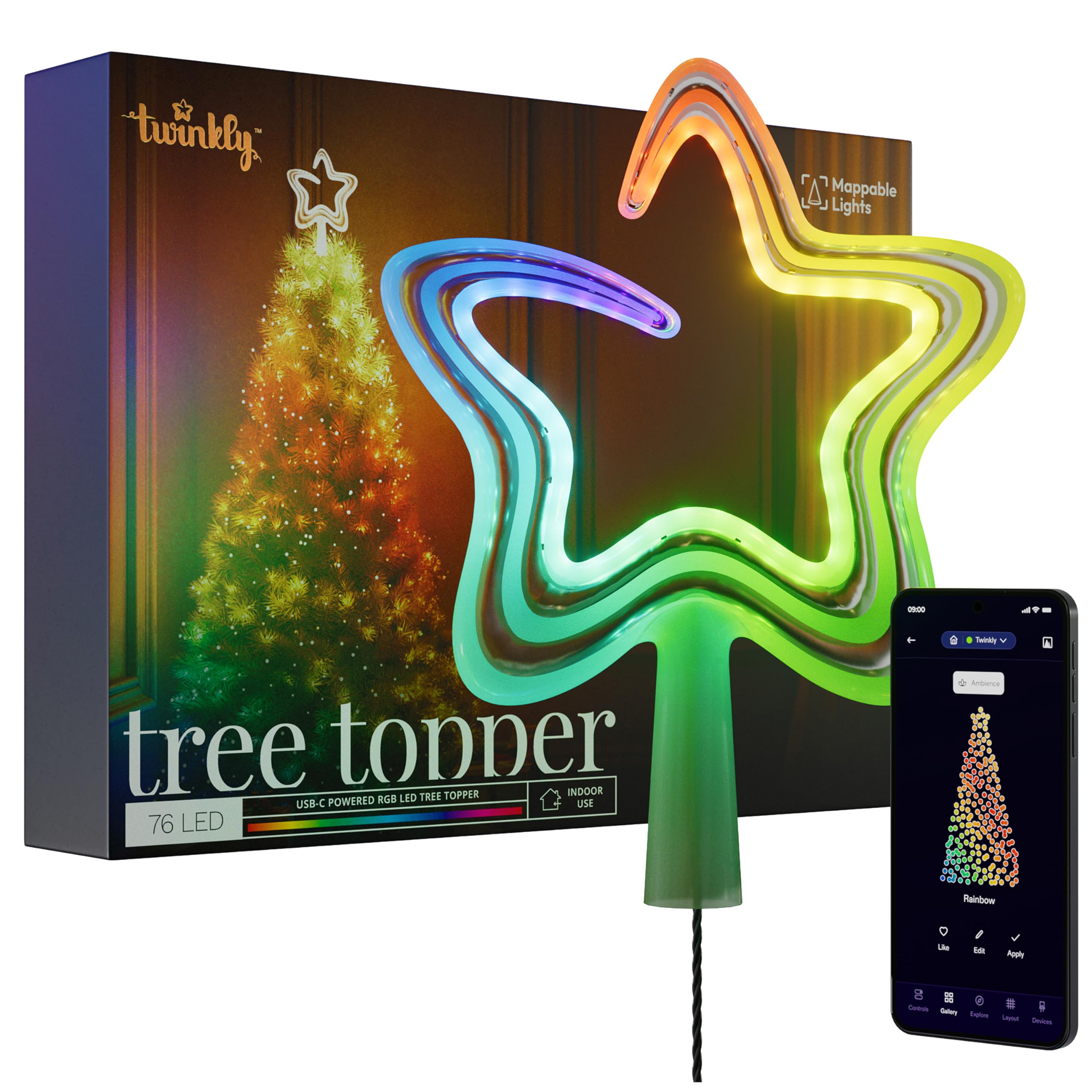Twinkly LED RGB Christmas Star Tree Topper, Smart Holiday Decoration with App Control, USB-C Powered,76 Multi-Color LEDs, Indoor Only
