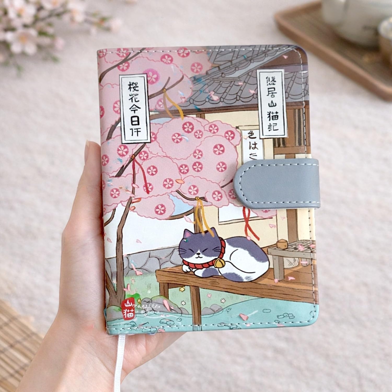 KetA Cute Kawaii Pocket Notebooks, Small Notebook for Purse, Memoirs of the Hermit Mountain Cat (Listening to the Sakura Petal Shower)