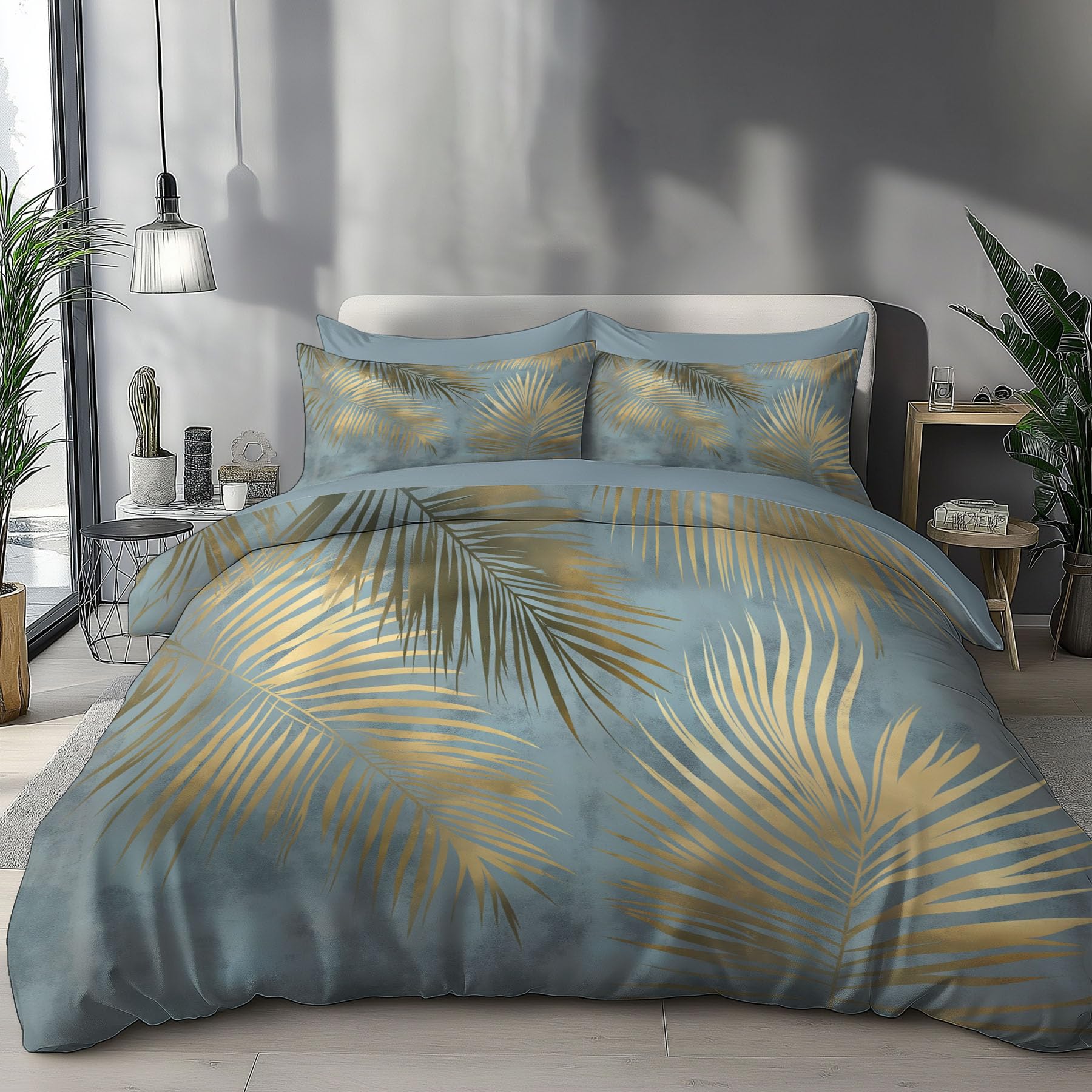 Housse de couette palmier dorée 200x200cm au design botanique vintage haut de gamme