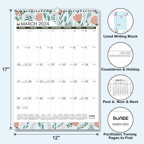 Miniatura 3 de SUNEE Calendario de pared 2024, de ahora a junio de 2025, 12 x 17 pulgadas, calendario mensual colgante con líneas, patrón de estaciones