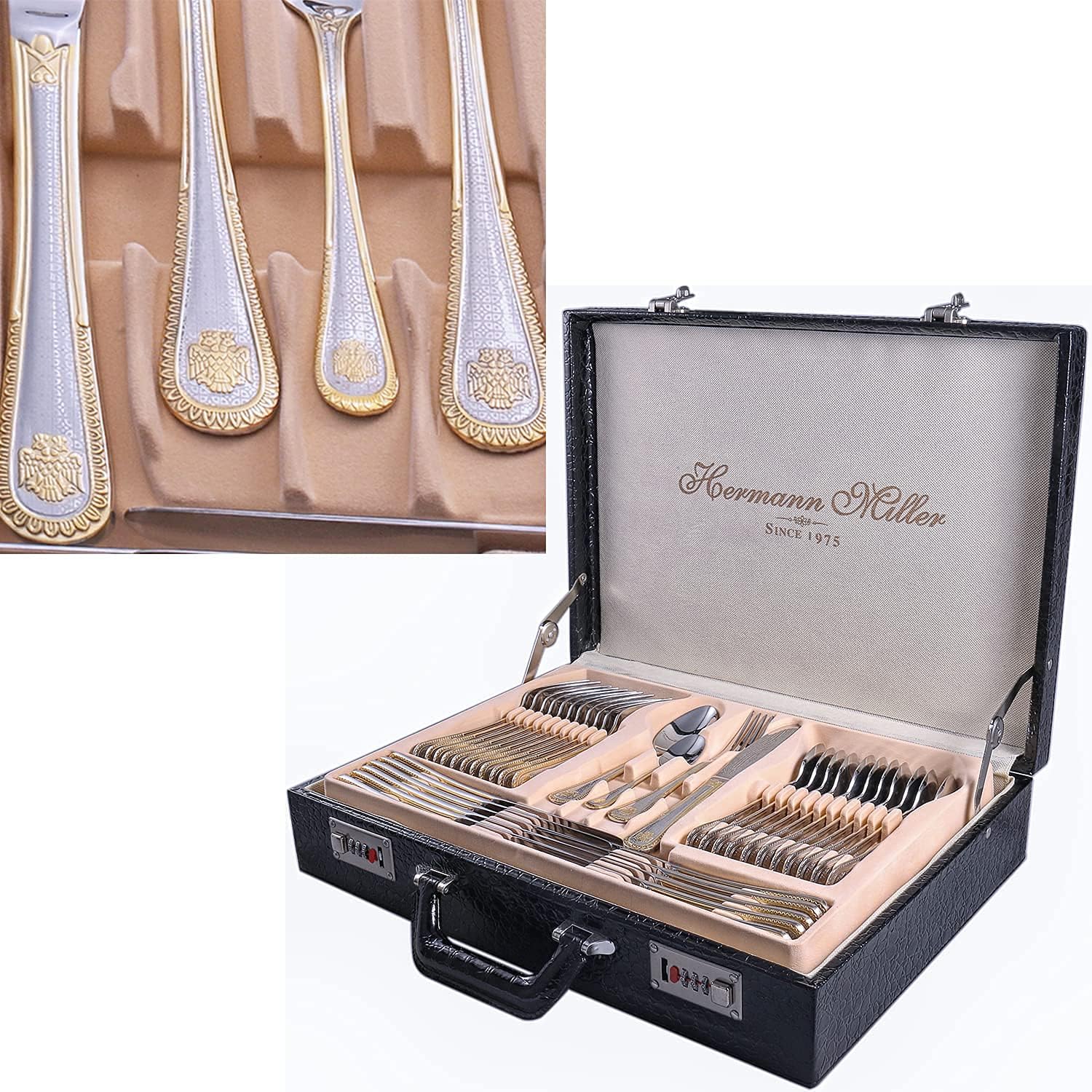Royal Family Collection 72 Piece Fine Flatware Silverware Set with Gift Carrying Case, Elegant Design, Serves Parties 12 people, Perfect Housewarming Graduation for Loved Ones, Gold