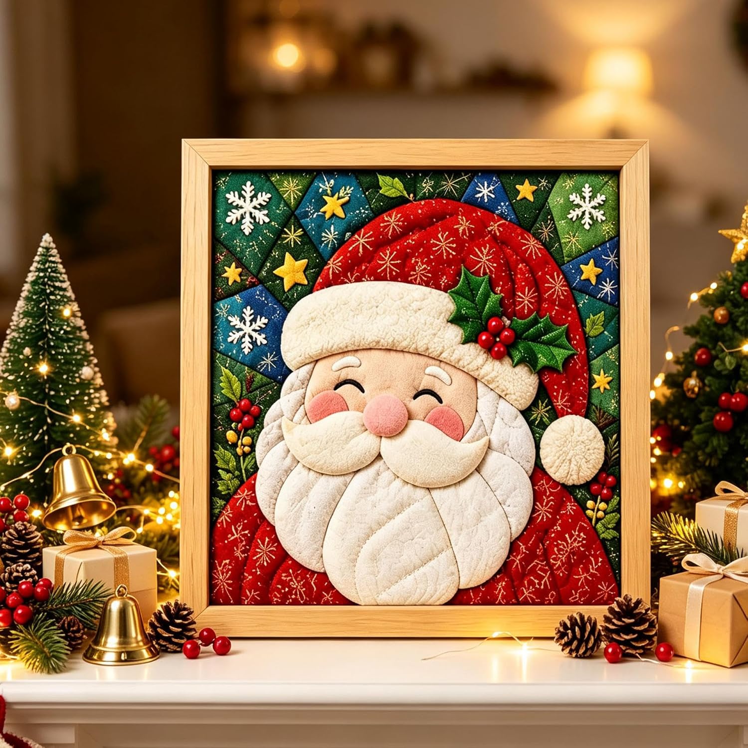 DIY Christmas Fabric Poke Art Kit for Adults, Hand‑Poke Fabric Craft Kit with Santa Snowman Reindeer Stocking Wreath Patterns for Home Mantel Wall Decor Tiered Tray Holiday Gift Making