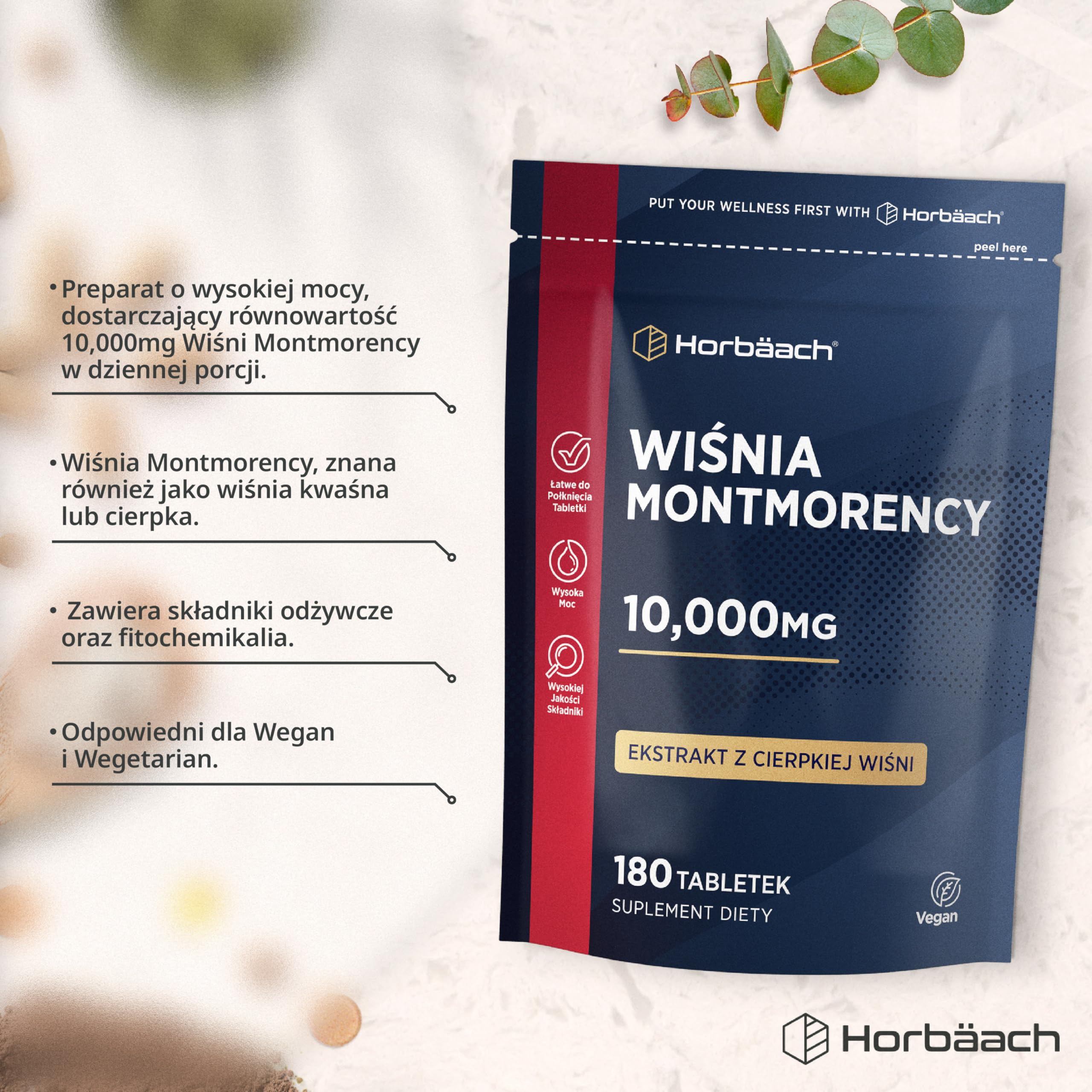 Wiśnia Montmorency 10,000mg | 180 Tabletek - Zapas na 3 Miesiace | Naturalny Ekstrakt z Cierpkiej Wiśni 50:1 | Wysokie stężenie, koncentrat wegański | marki Horbaach