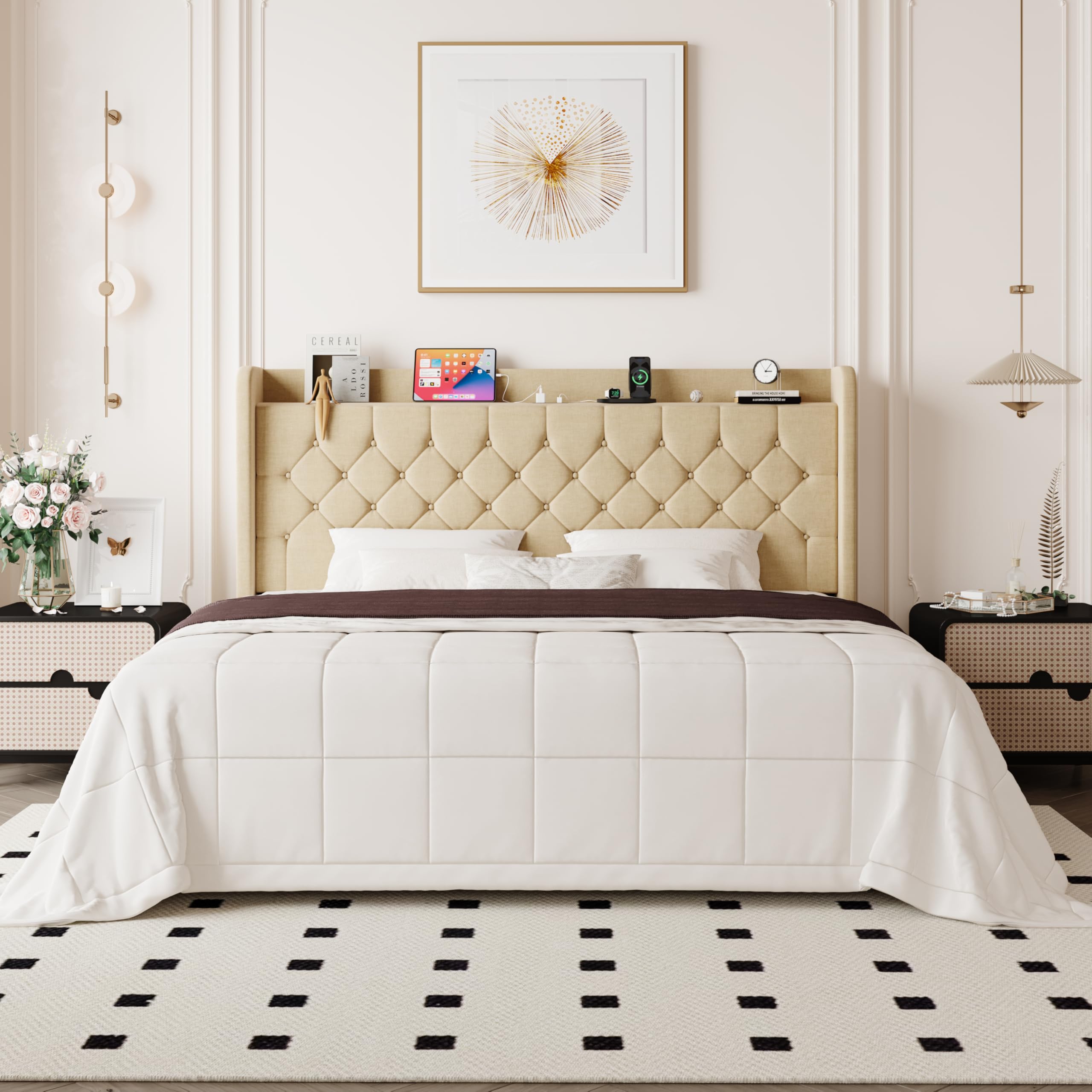 Allewie King Size Bed Frame, Storage Headboard with Charging Station,Wingback Linen Upholstered, Diamond Stitched Button Tufted, Sturdy Wooden Slats,