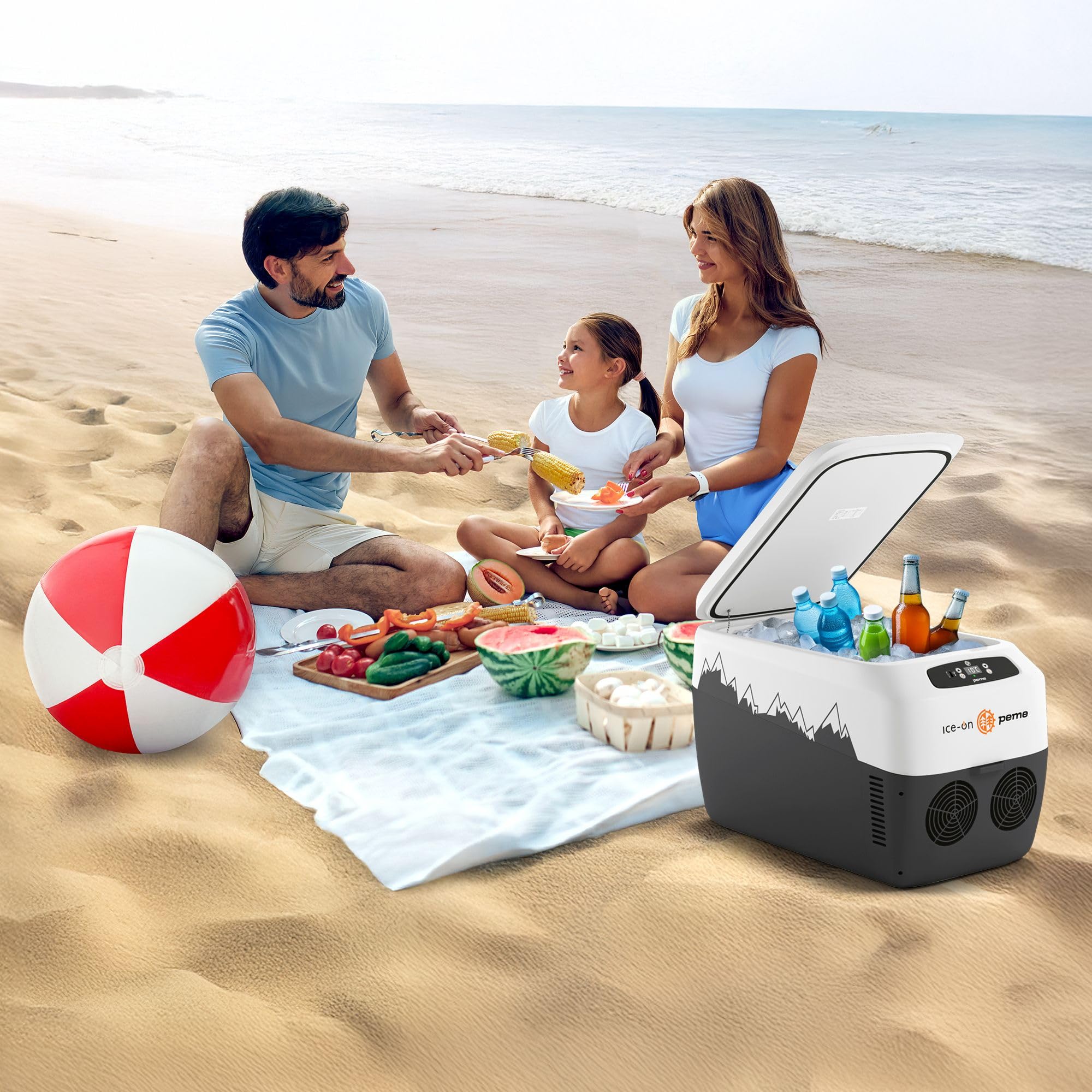 peme Ice On 28,3L – Przenośna lodówka termoelektryczna z wyświetlaczem LCD, portem USB, podwójnym zasilaniem 12V/230V – Idealna na camping, podróże & do samochodu